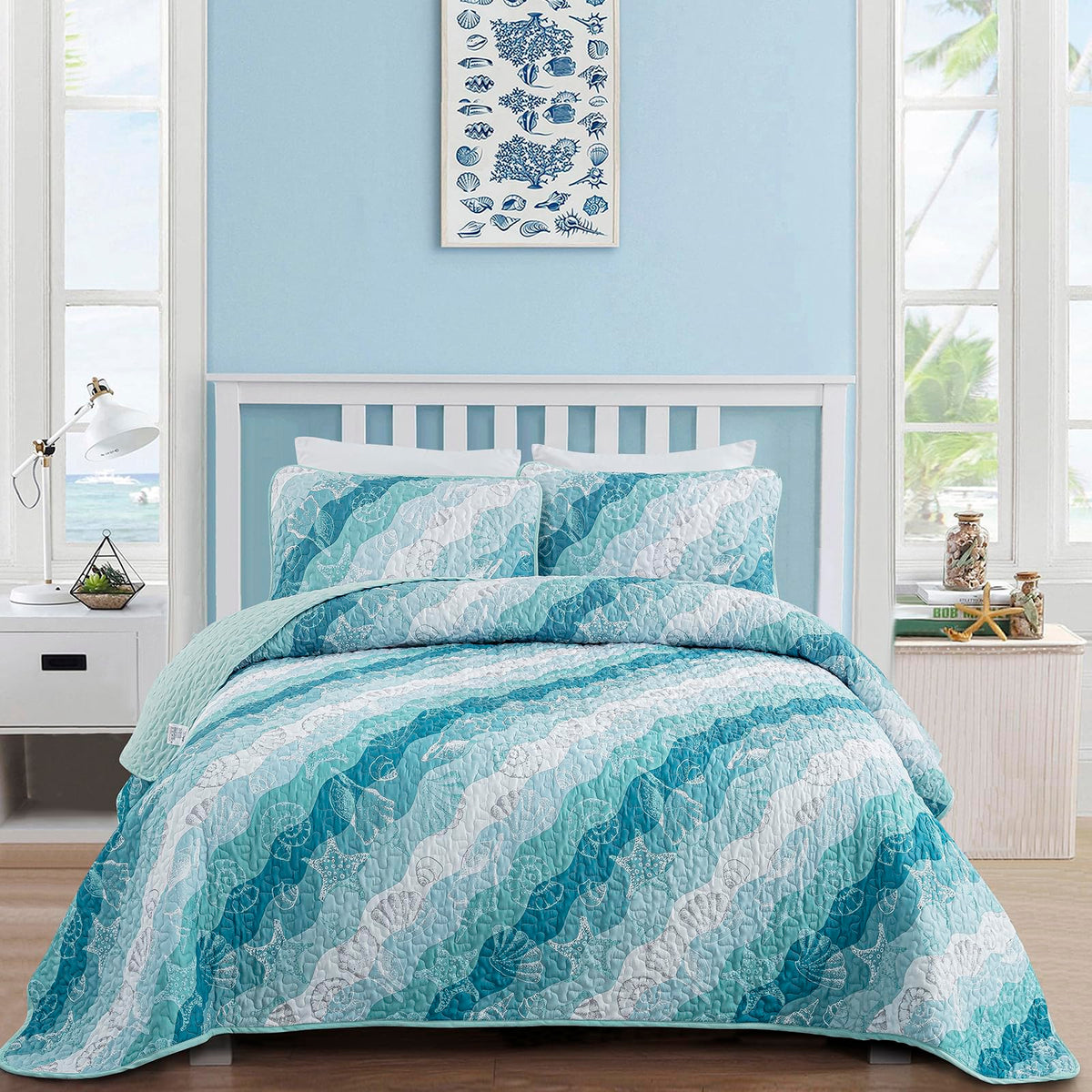 Dinjoy Summer Coastal Quilt Set Twin Size, Blue Green Ocean Beach Themed Bedding Set Seawave Seashell Conch Starfish Microfiber