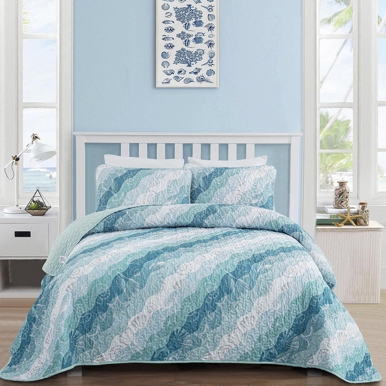 Dinjoy Summer Coastal Quilt Set Twin Size, Blue Green Ocean Beach Themed Bedding Set Seawave Seashell Conch Starfish Microfiber