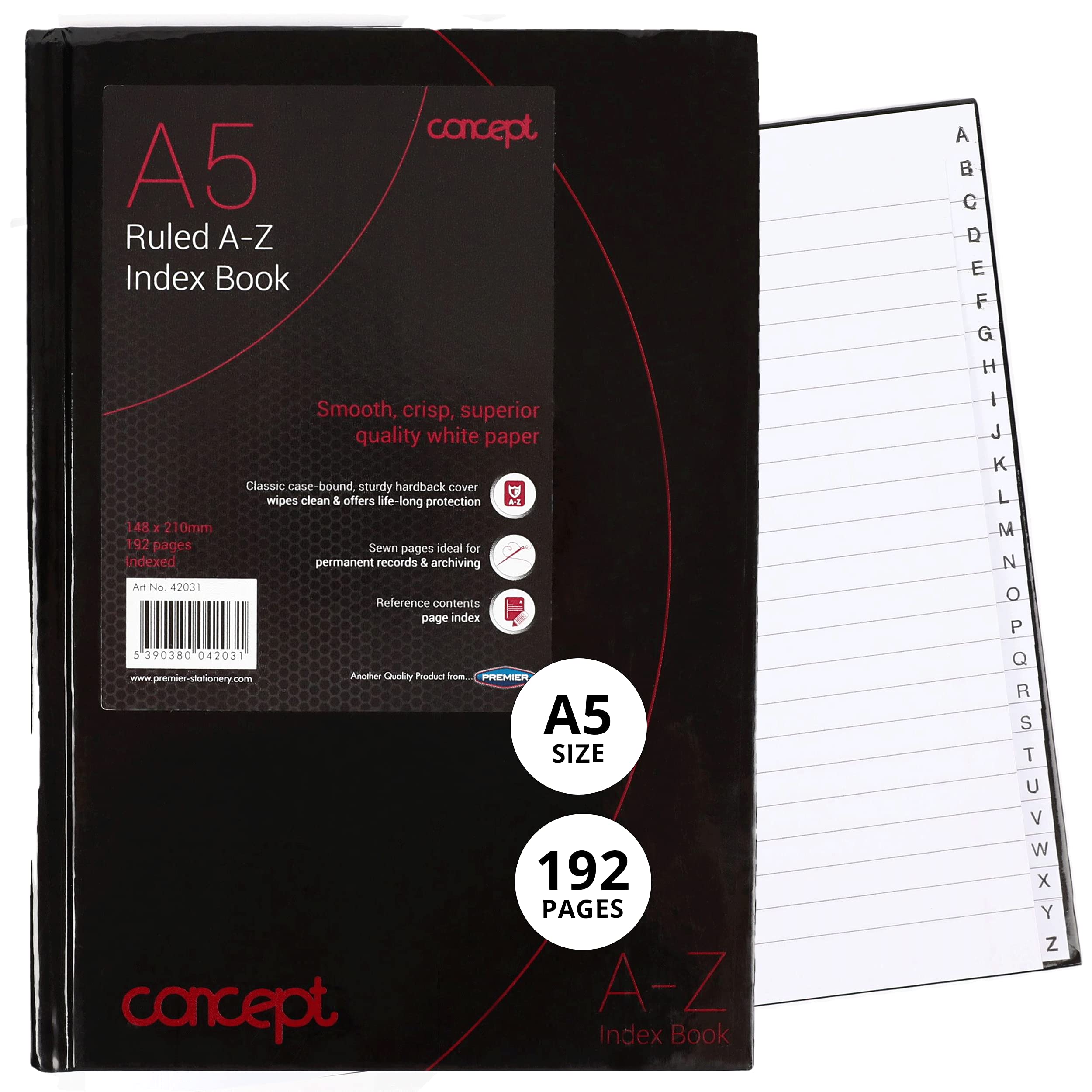 Premier Stationery C3242031 A5 Concept 192 Page A-Z Index Hardback Notebook