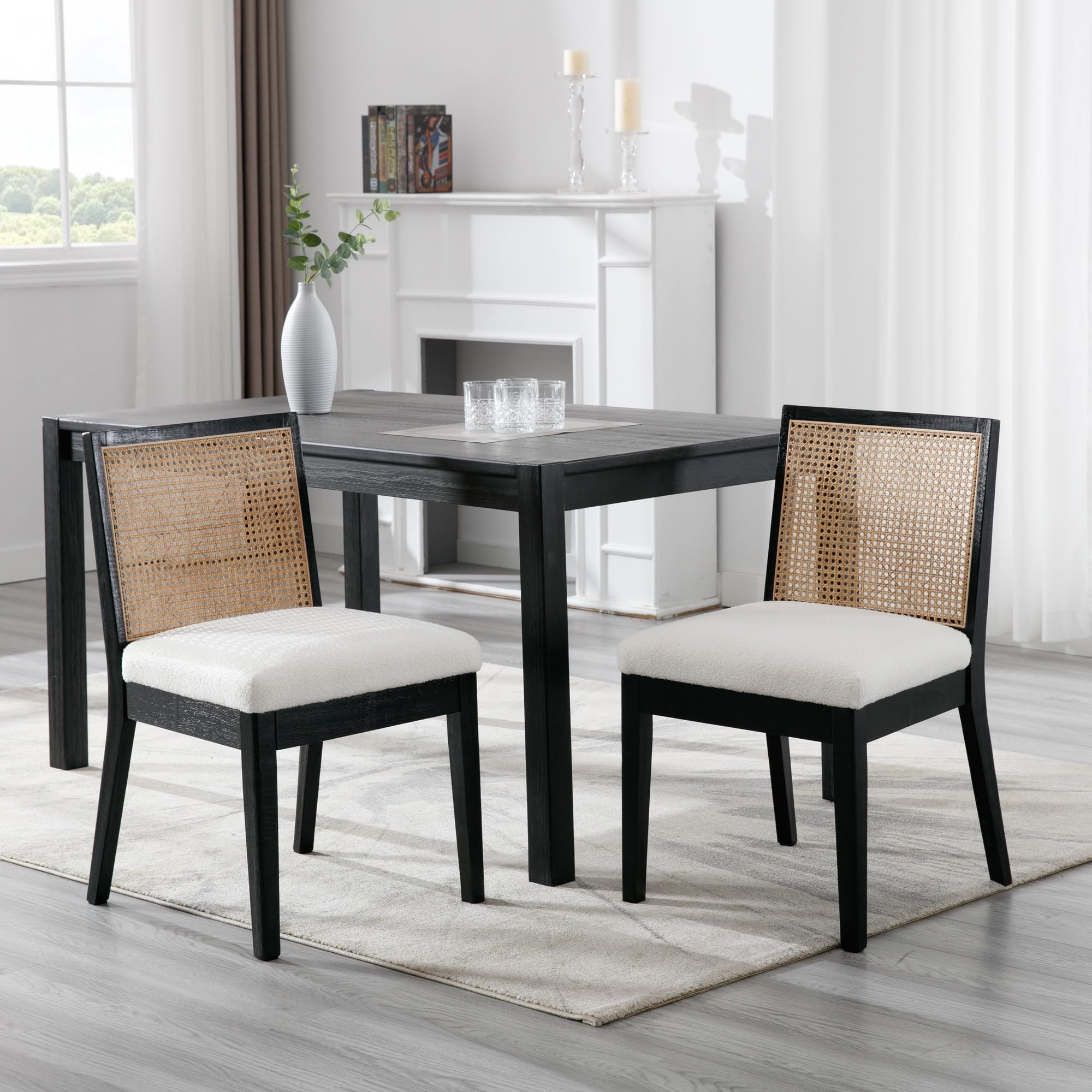 Bestano Farmhouse Rattan Dining Chairs Set Of 2 Black Wood Dining Room Chairs Rectangle Cane Country Kitchen Chairs Upholstered