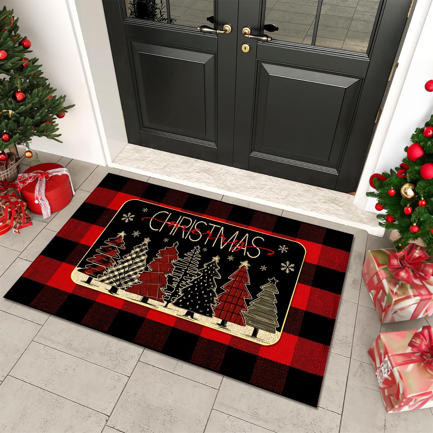 Christmas Outdoor Rug Set, Christmas Tree Door Mat Combo Set, Welcome Mat + 28 x 43 inch Red Black Buffalo Plaid Rugs, Checkered
