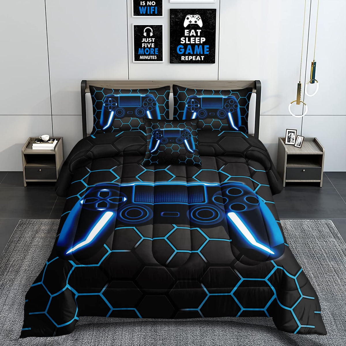 Rowadalo 6 Pieces Gaming Bedding Set For Boys Gamer Comforter Set Full Size,Game Controller Comforter For Boys Kids Teen 3D Game