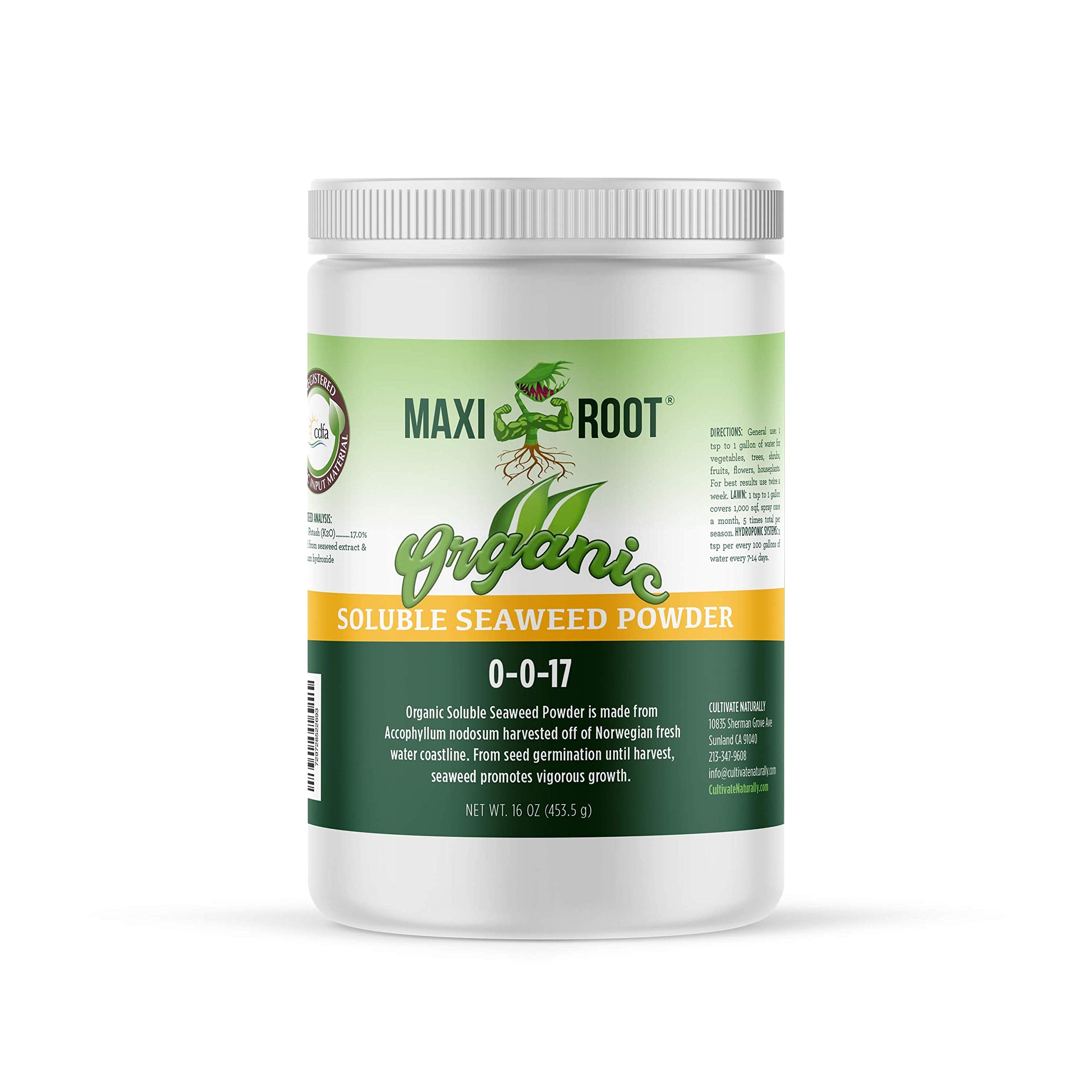 Maxiroot Organic Soluble Seaweed Powder 0-0-17, Cdfa Omi Registered (1 Lb) For Lawns, Vegetable Gardens, Shrubs And Trees