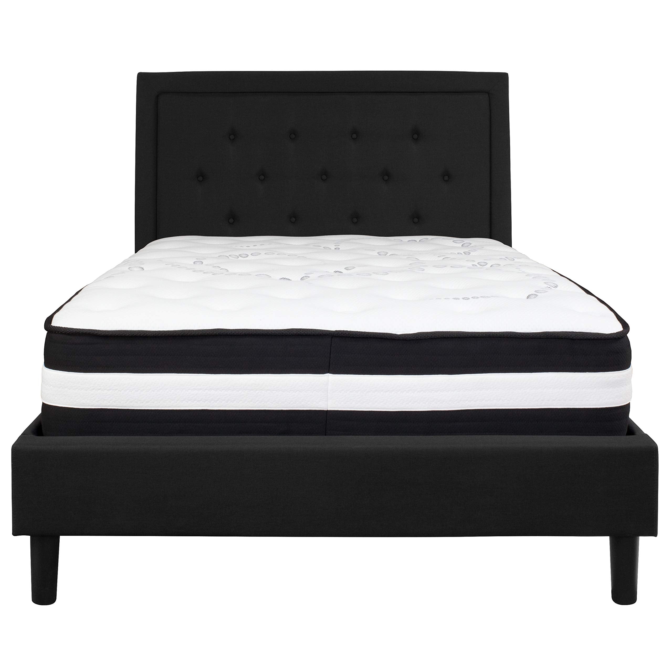 Flash Furniture Roxbury Full Size Tufted Upholstered Platform Bed In Black Fabric With Pocket Spring Mattress