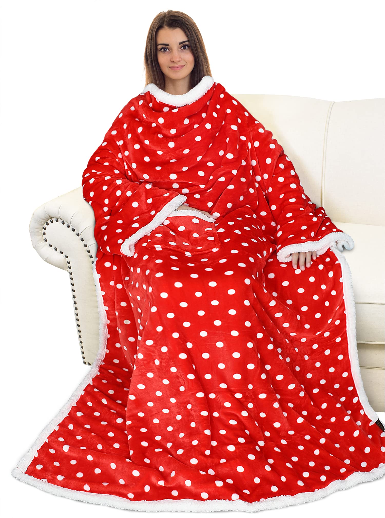 Catalonia Polka Dot Print Sherpa Wearable Blanket With Sleeves Arms, Super Soft Warm Comfy Large Fleece Plush Sleeved Tv Throws