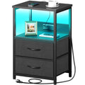Seventable Nightstand with Charging Station, Bedside Table with LED Lights, Night Stand with 2 Fabric Drawers, 3-Tier Storage En