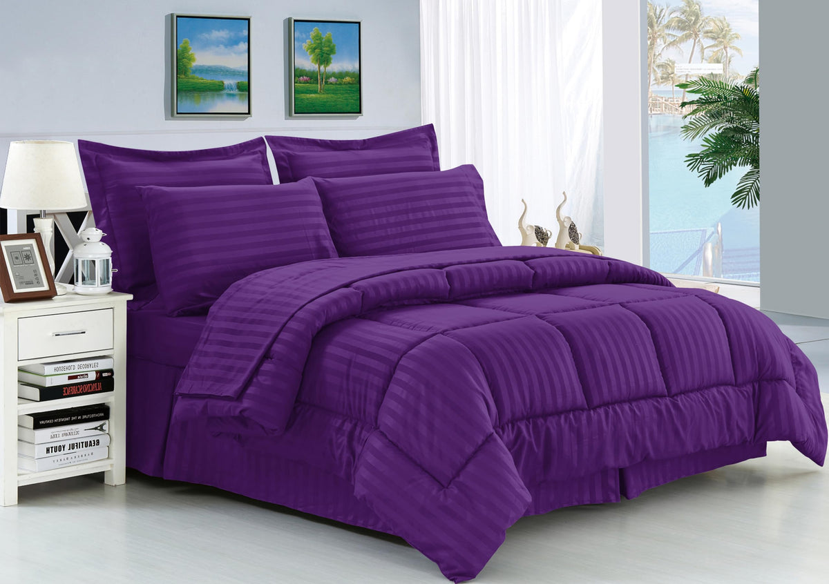 Elegant Comfort Silky Soft 8-Piece Dobby Stripe Bed-In-A-Bag Comforter Set, Includes 4Pc Smart Sheet Set, Bed Skirt, Comforter, Matching Pillowcases And Shams - Full/Queen, Purple