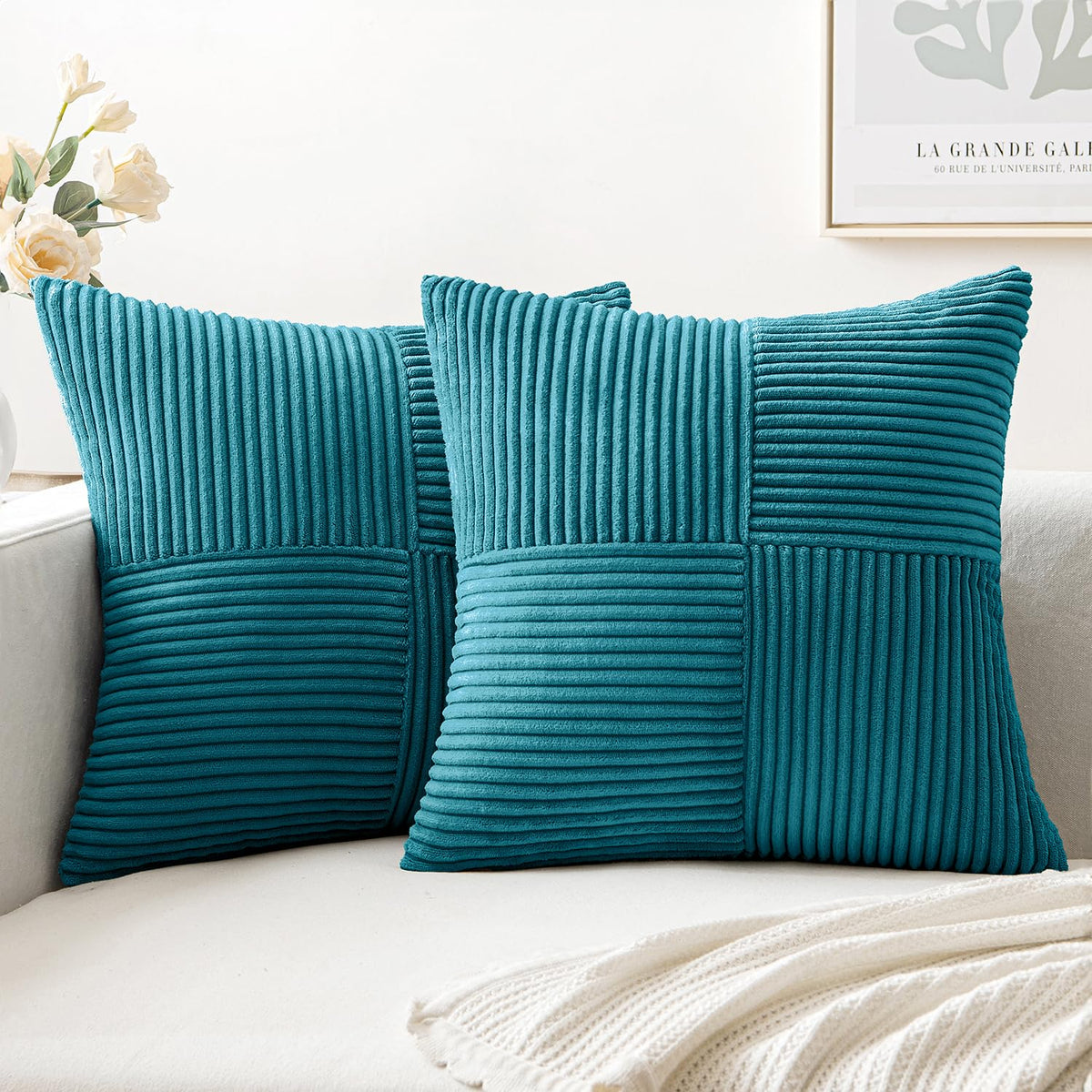 Miulee Teal Corduroy Pillow Covers Pack Of 2 Boho Decorative Spliced Throw Pillow Covers Soft Solid Couch Pillowcases Cross Patc
