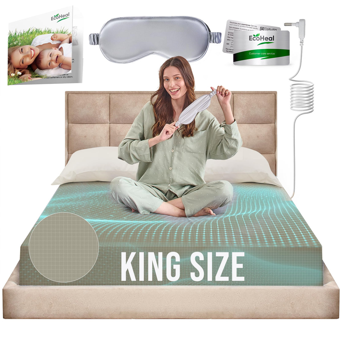 Earth Grounding Fitted Sheet King Size With 12% Silver Fiber & 4% Silk & 84% Organic Cotton - Green- Soft Earth Grounding Well B