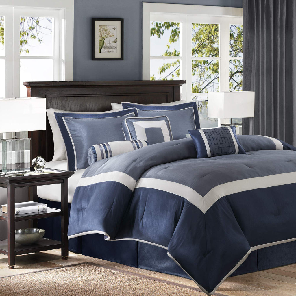 Madison Park Cozy Comforter Set-Deluxe Hotel Collection, All Season Down Alternative Luxury Bedding With Matching Shams, Decorative Pillows, King(104'X92'), Genevieve, Navy 7 Piece