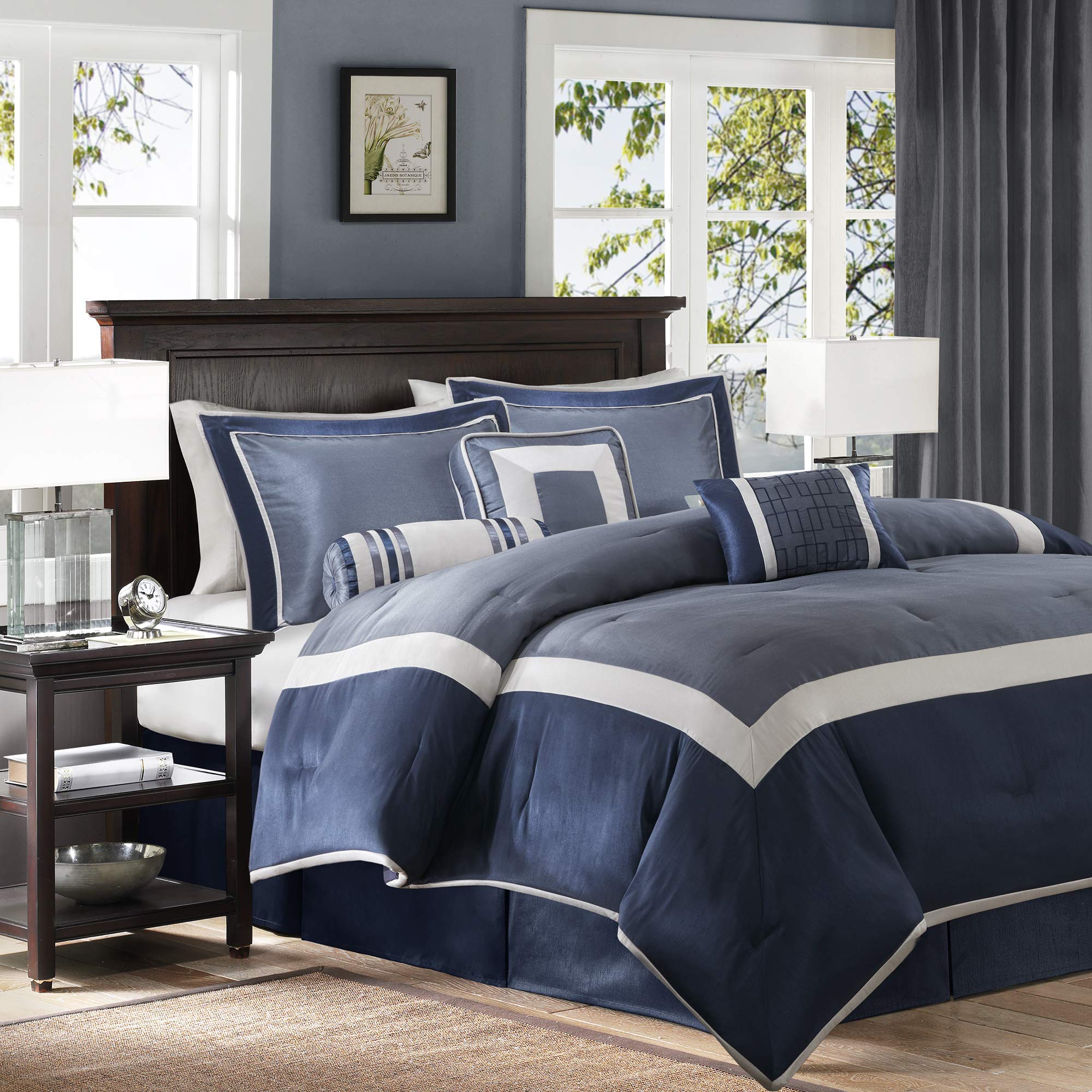 Madison Park Cozy Comforter Set-Deluxe Hotel Collection, All Season Down Alternative Luxury Bedding With Matching Shams, Decorative Pillows, King(104'X92'), Genevieve, Navy 7 Piece