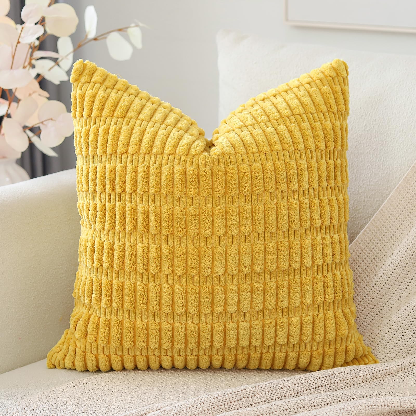 Otostar Corduroy Decorative Throw Pillow Covers 18X18 Inch Super Soft Boho Striped Square Pillow Covers Case Modern Cushion Covers For Sofa Couch Bedroom Car Decor Gold Yellow