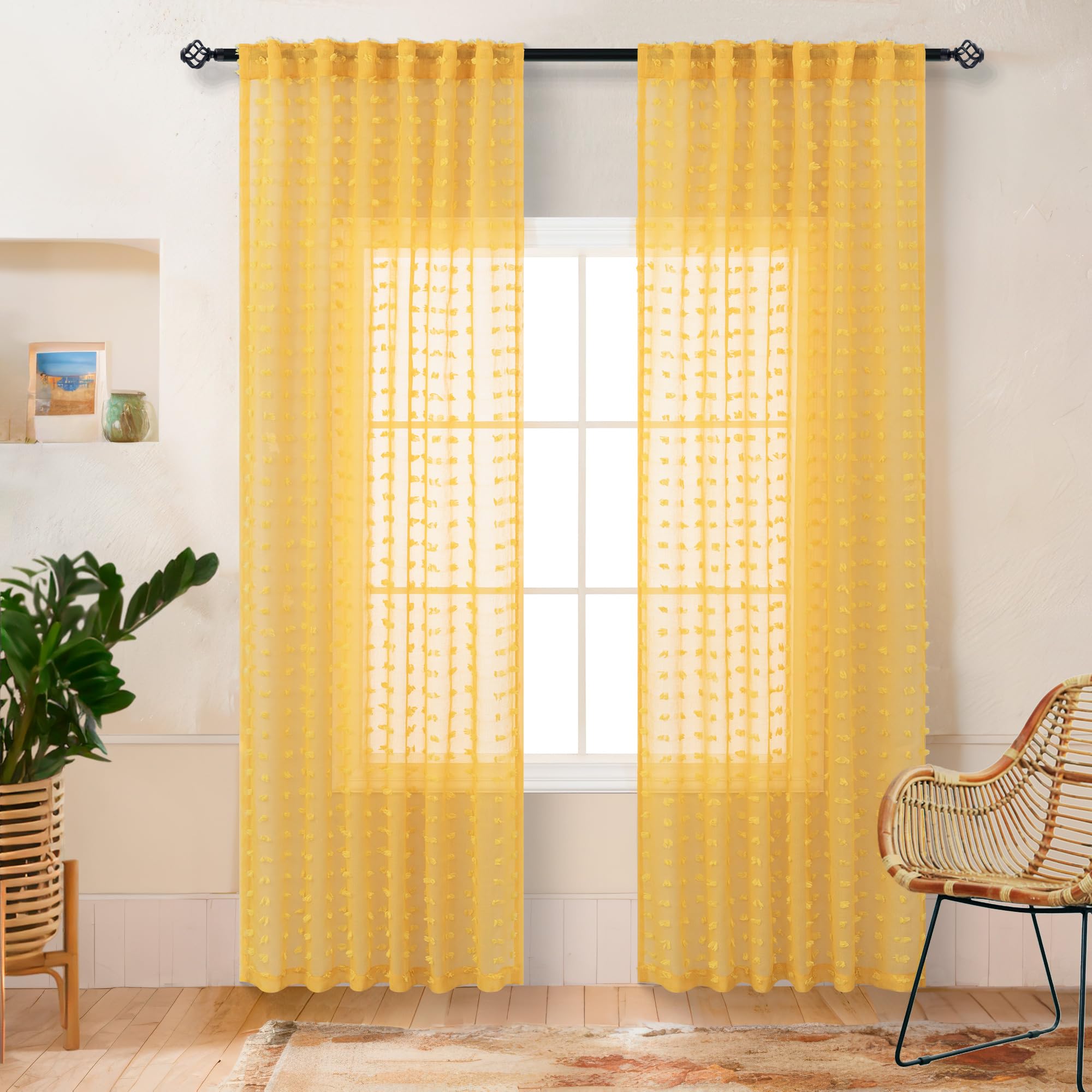 Mustard Yellow Pom Pom Curtains 96 Inches Long For Living Room Bedroom Mid Century Modern Decor Semi Sheer Bohemian Farmhouse Cu