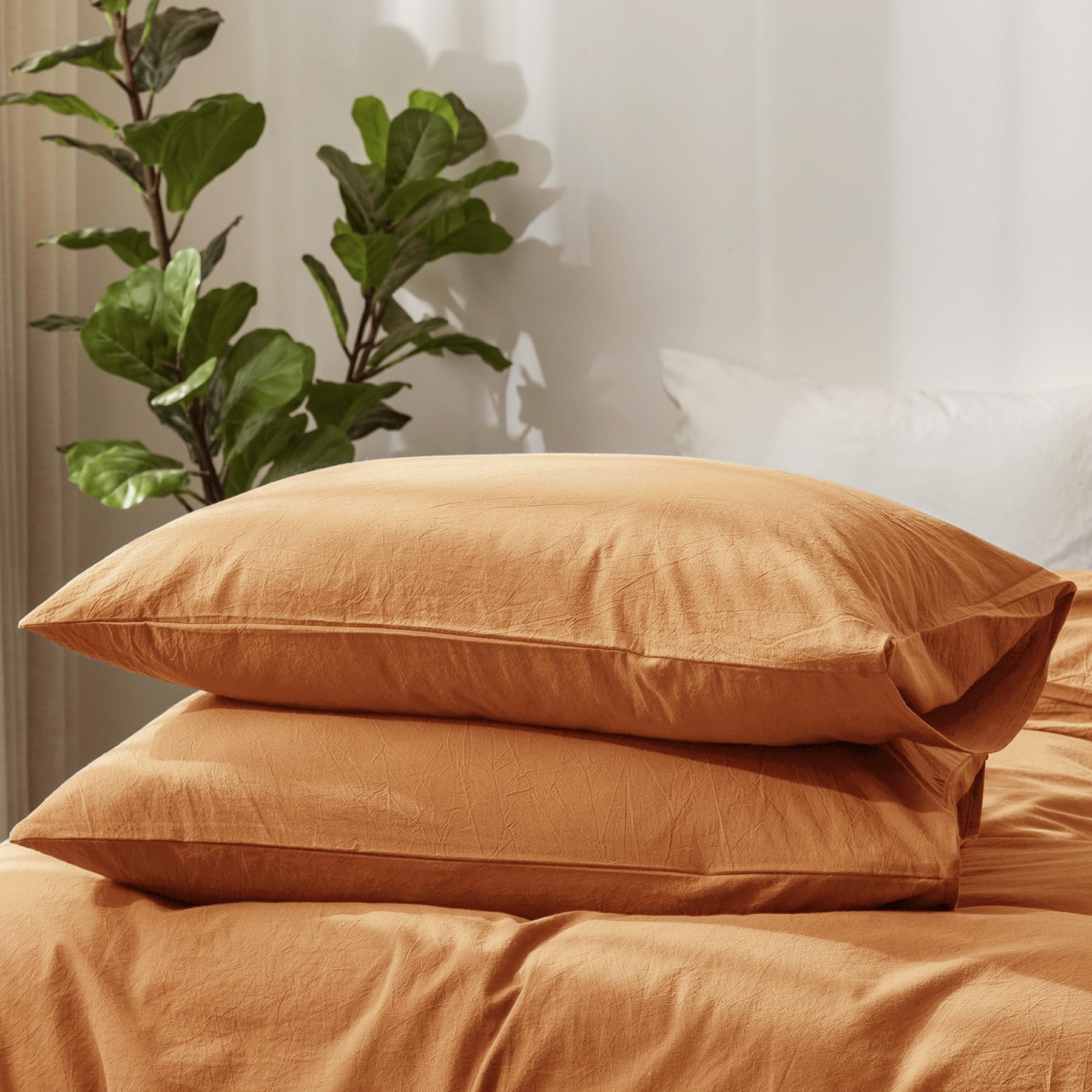 Moomee Bedding Pillowcases Pack Of 2 100% Washed Cotton Linen Like Textured Breathable Durable Soft Comfy (Burnt Orange, King)