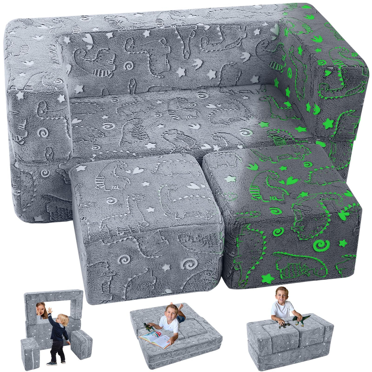 Memorecool Modular Kids Sofa,Toddler Play Couch Fold Out For Playroom, Dinosaur Glow In Dark Convertible Plush Foam Chair For Childrens
