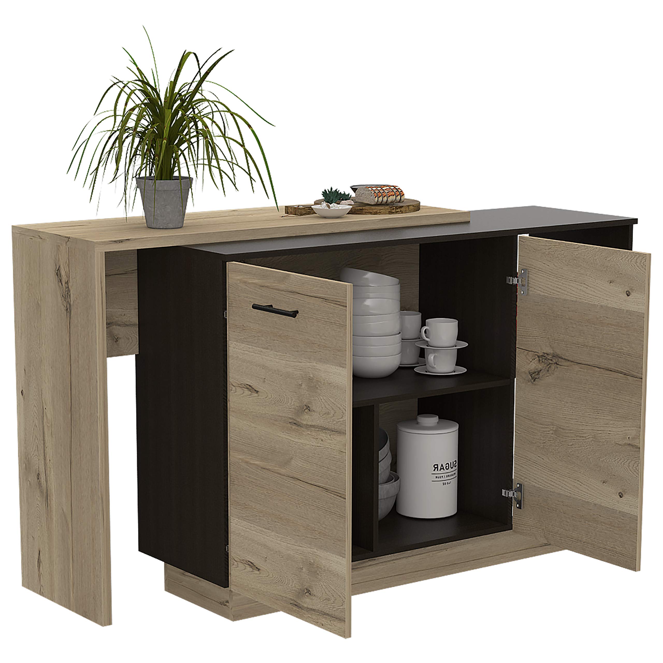 FM FURNITURE Aspen Kitchen Island with Two Exposed Shelves and One Drawer with Three divisions