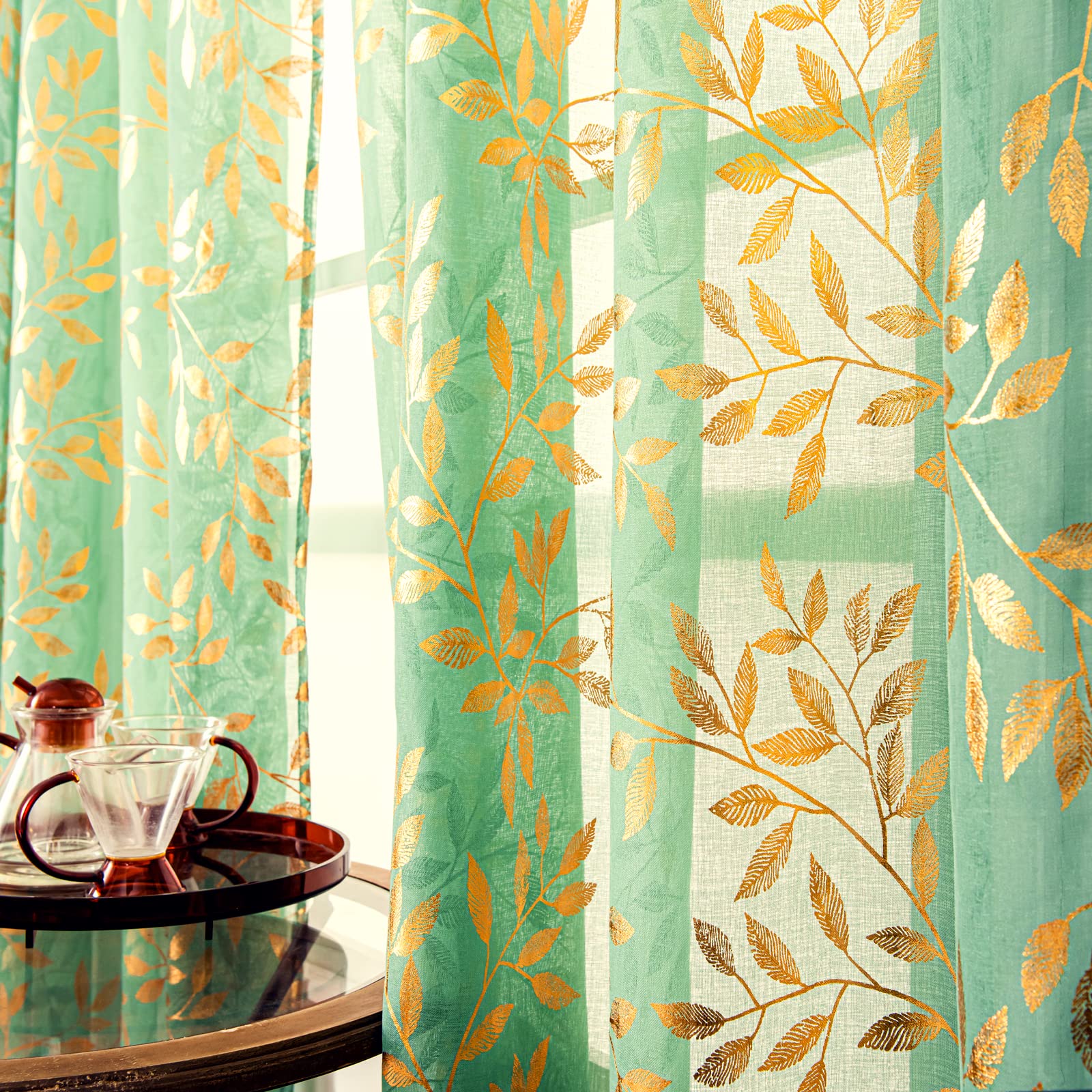 Deeprove Christmas Sheer Curtains 84 Inches Long 2 Panels Set, Gold Foil Print Metallic Vine Leaves Window Treatments For Bedroo