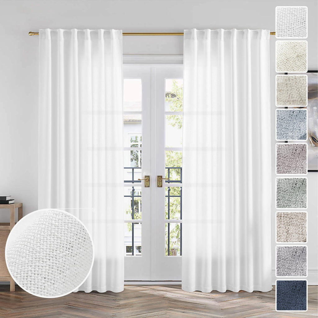 MEETBILY Semi Sheer White Linen Curtains 96 Inches Long for Living Room 2 Panels Set Back Tab Light Filtering Modern Farmhouse B