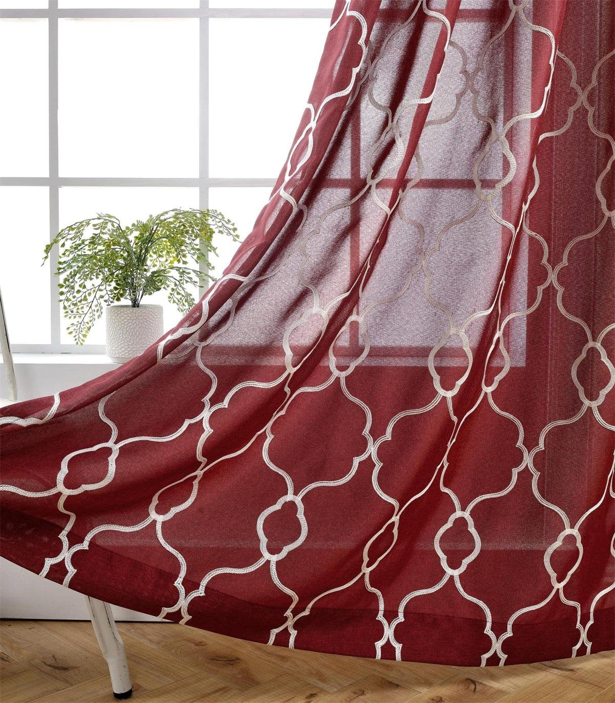 Miuco Moroccan Embroidery Semi Sheer Curtain Panels Faux Linen Grommet Curtains For Kids Room 52 X 95 Inch 2 Panels, Burgundy