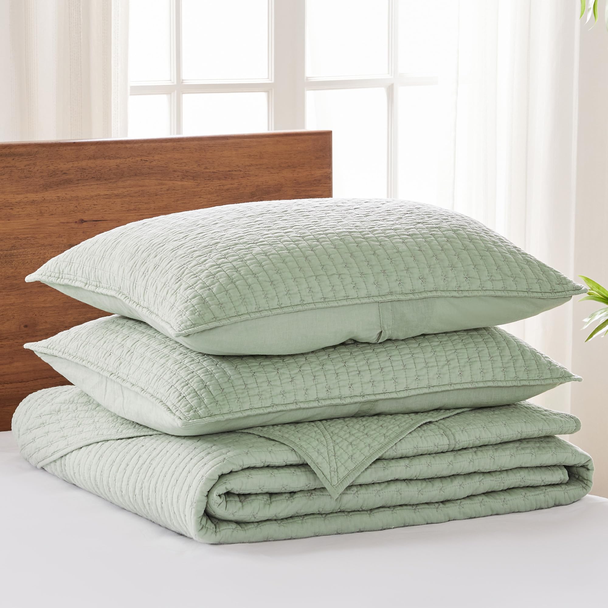 Levtex Home - Cross Stitch Desert Sage Bedspread Set - Twin Quilted Bedspread And One Standard Sham - Cross Stitch Pattern - Bed