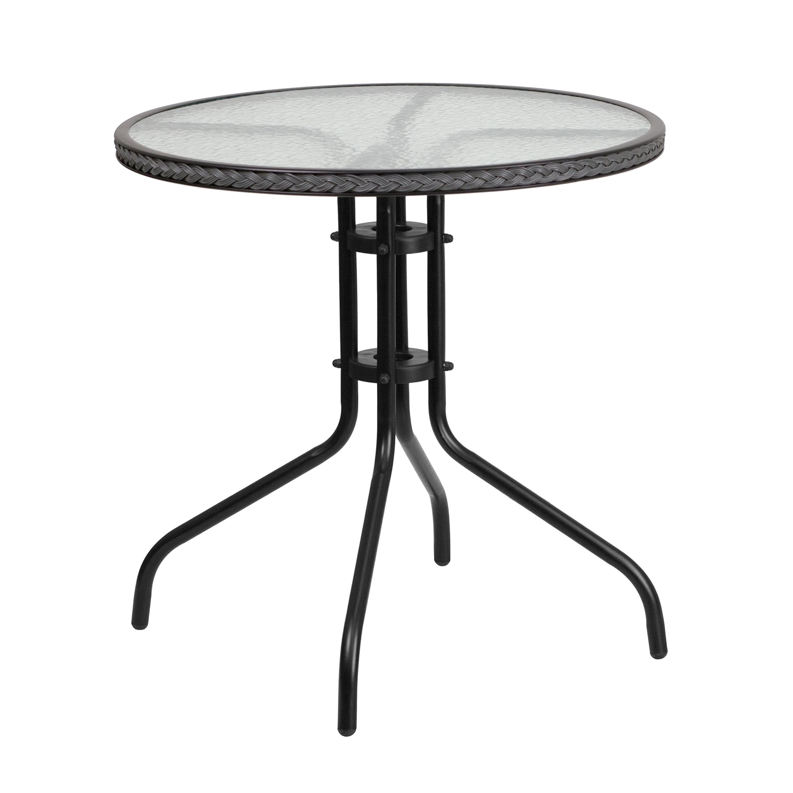 Flash Furniture Barker 28'' Round Tempered Glass Metal Table With Gray Rattan Edging