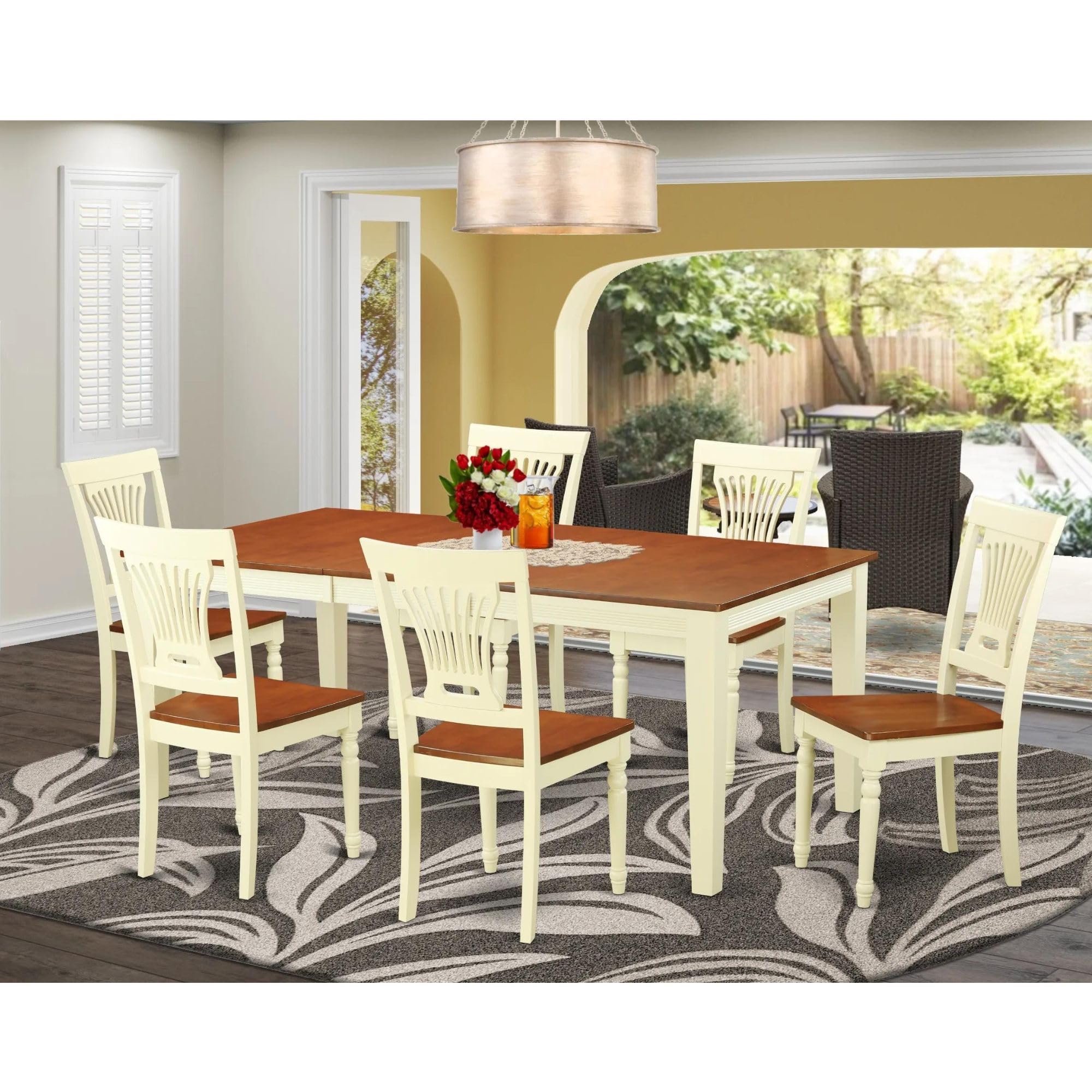 East West Furniture QUPL7-WHI-W 7 Piece Kitchen Table & Chairs Set Consist of a Rectangle Dining Room Table with Butterfly Leaf and 6 Solid Wood Seat Chairs, 40x78 Inch, Buttermilk & Cherry