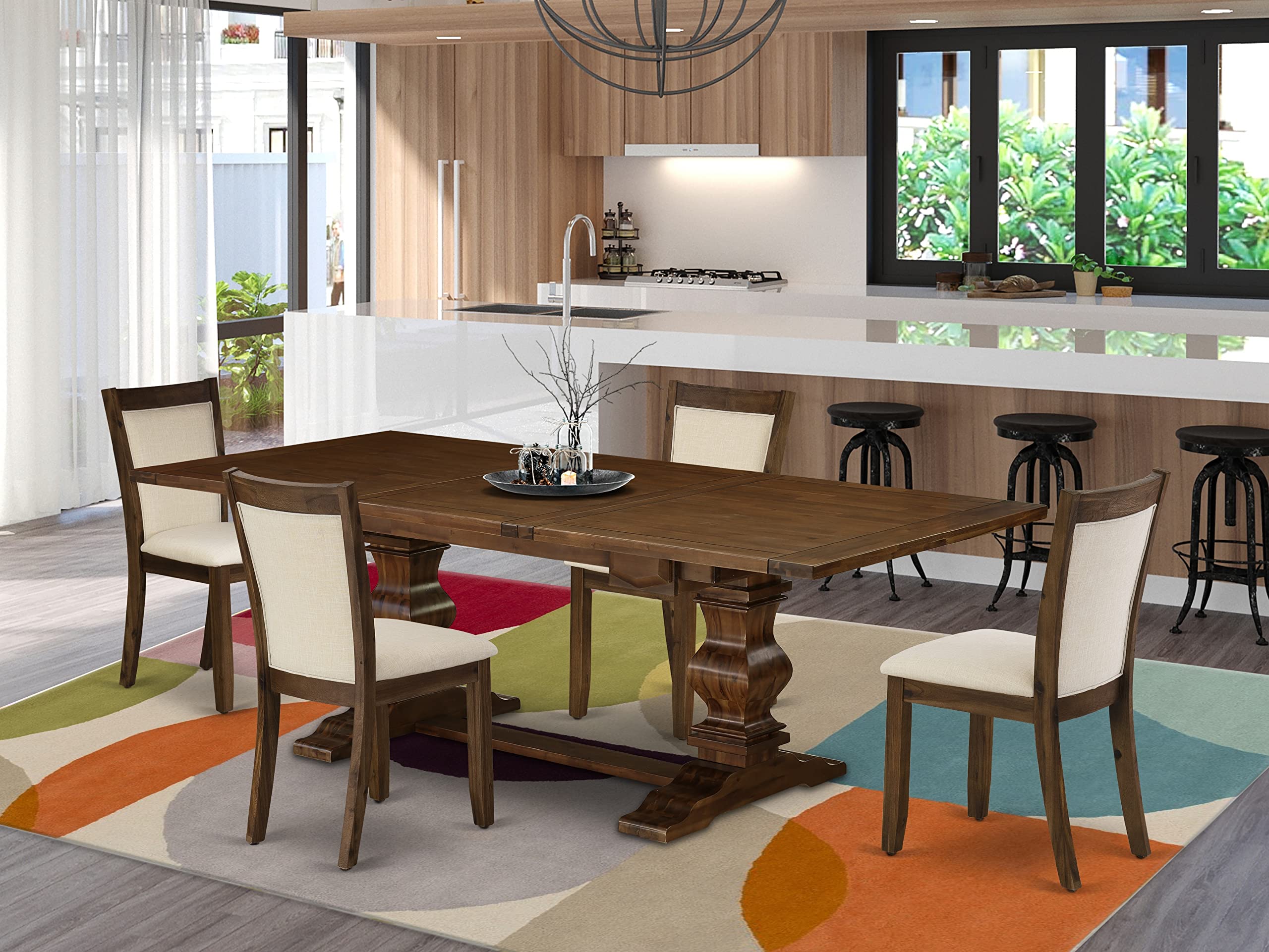 East West Furniture Lamz5-N8-32 5 Piece Dining Table Set Includes A Rectangle Kitchen Table With Removable Leaf And 4 Light Beige Linen Fabric Upholstered Chairs, 42X92 Inch, Walnut