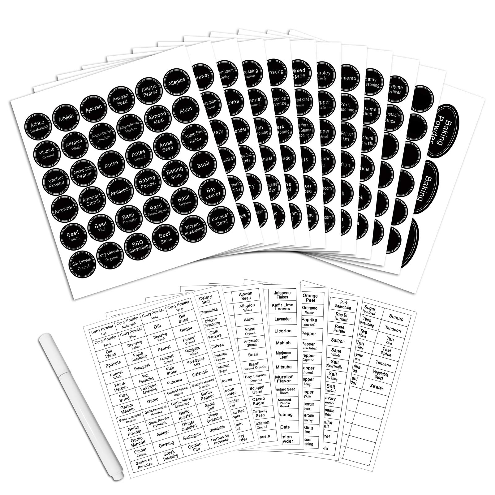 Swommoly 771 Printed Spice Jar Labels With Extra Write-On Labels, Pantry Stickers And Chalk Marker Pen. Chalkboard And Transpare