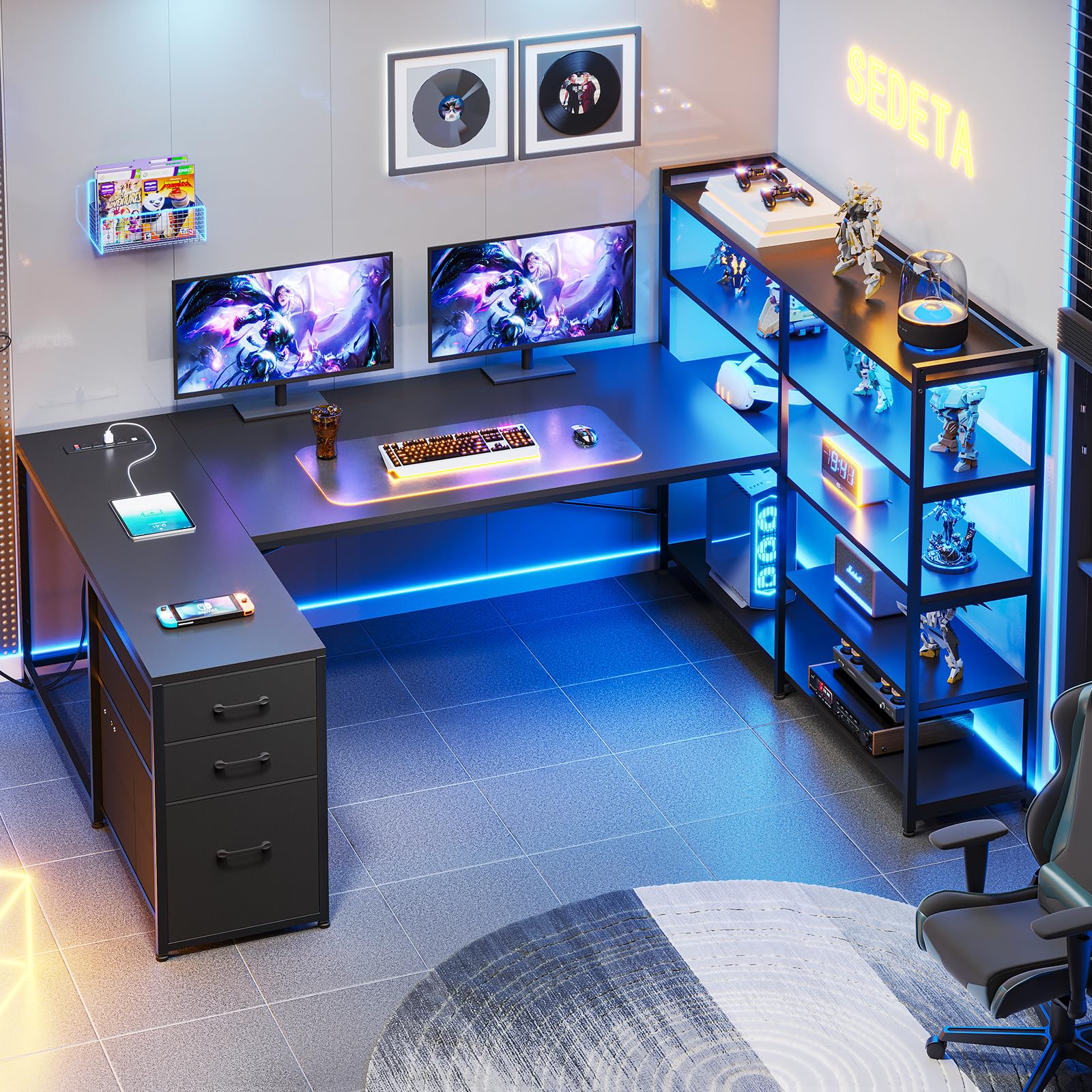 SEDETA L Shaped Gaming Desk, Reversible U Shaped Computer Desk with Power Outlet and Storage Shelves, Corner Gaming Desk with LE