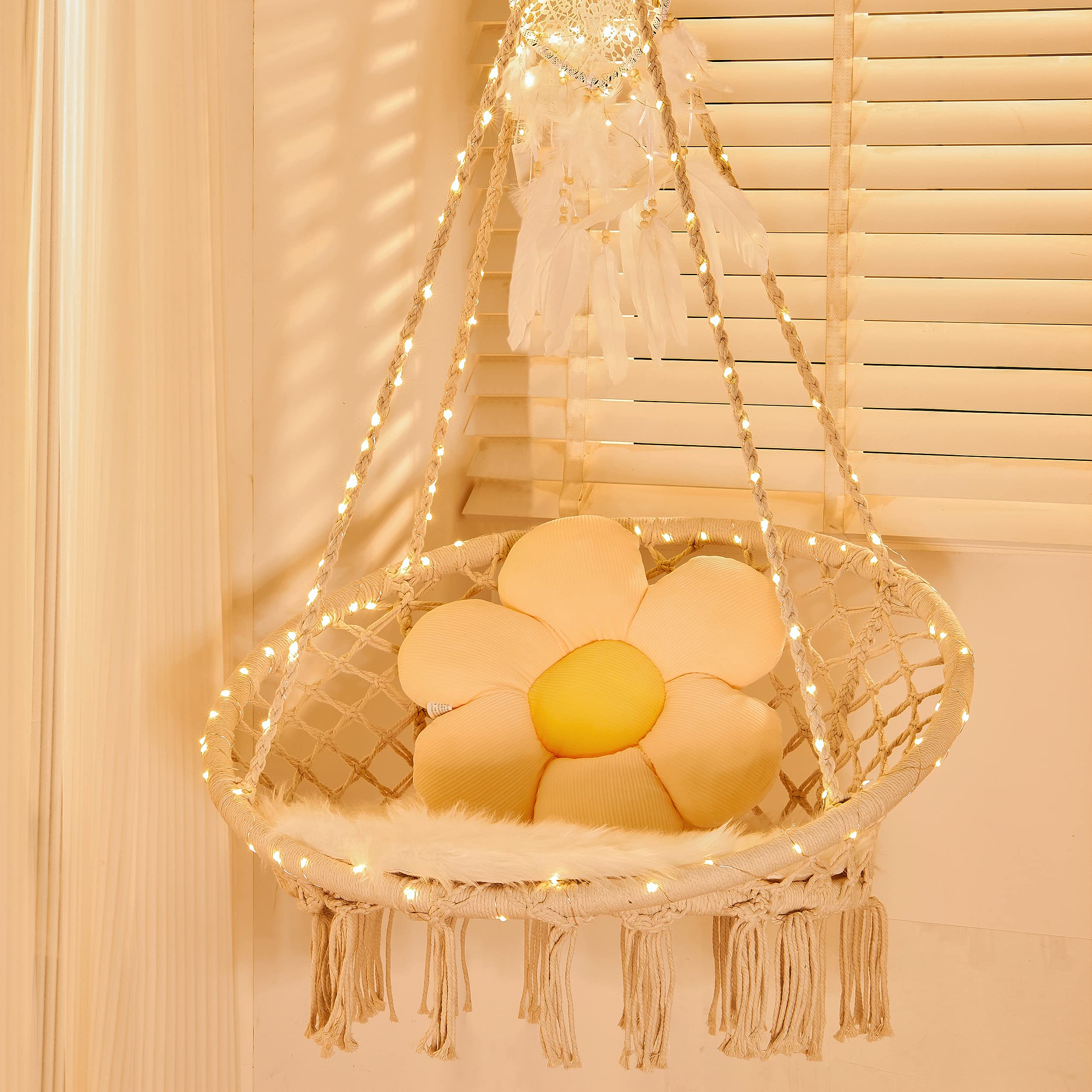 Sonyabecca Led Hanging Chair Light Up Macrame Swing Hammock Chair With 472' Led Light For Indoor Outdoor Home Patio Deck Yard G