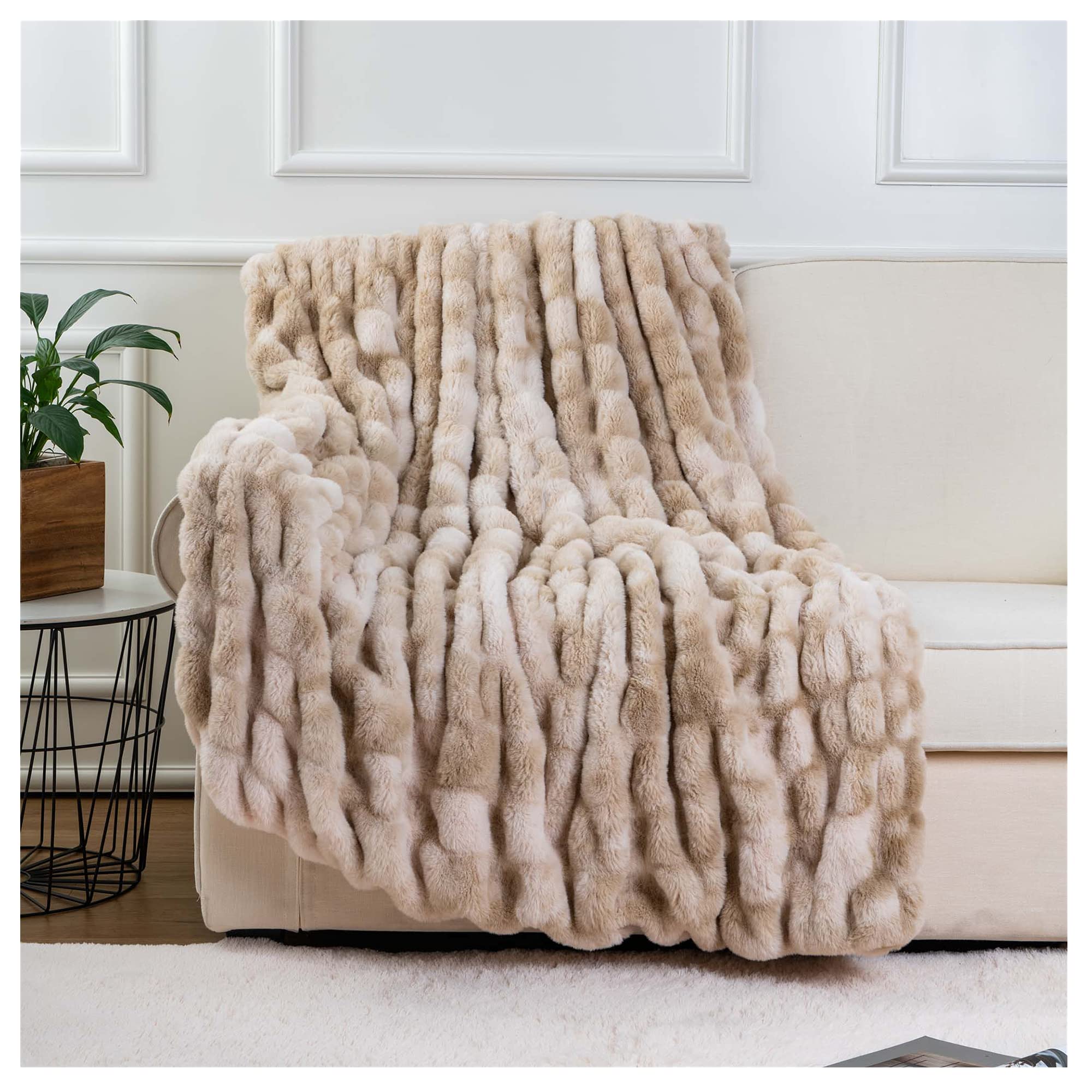 Battilo Home Ruched Luxury Faux Fur Throw Blanket Beige Tie-Dye Rabbit Fur Blanket For Couch, Living Room, Fuzzy, Soft, Plush, C