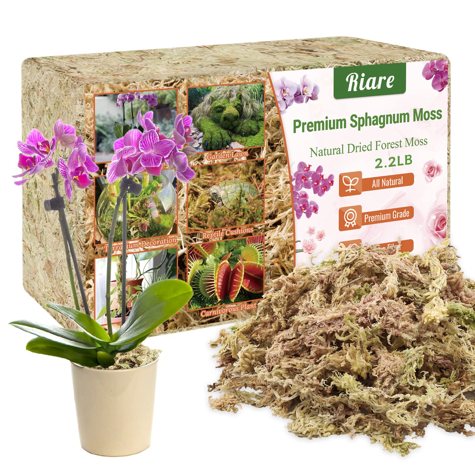 Riare 2.2 Lb Large Capacity Premium Sphagnum Moss- Natural Long Fibered Sphagnum Peat Moss Plants Moss Dried, Carnivorous Plants