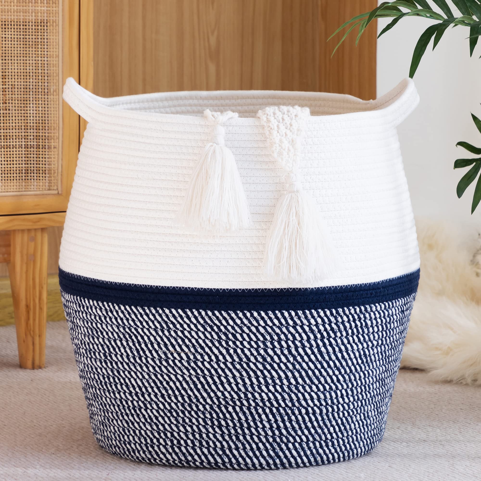 KAKAMAY Woven Baskets for Storage(17x17),Large Cotton Rope Basket Woven Baby Laundry Hamper,Collapsible Laundry Basket, Blanket 