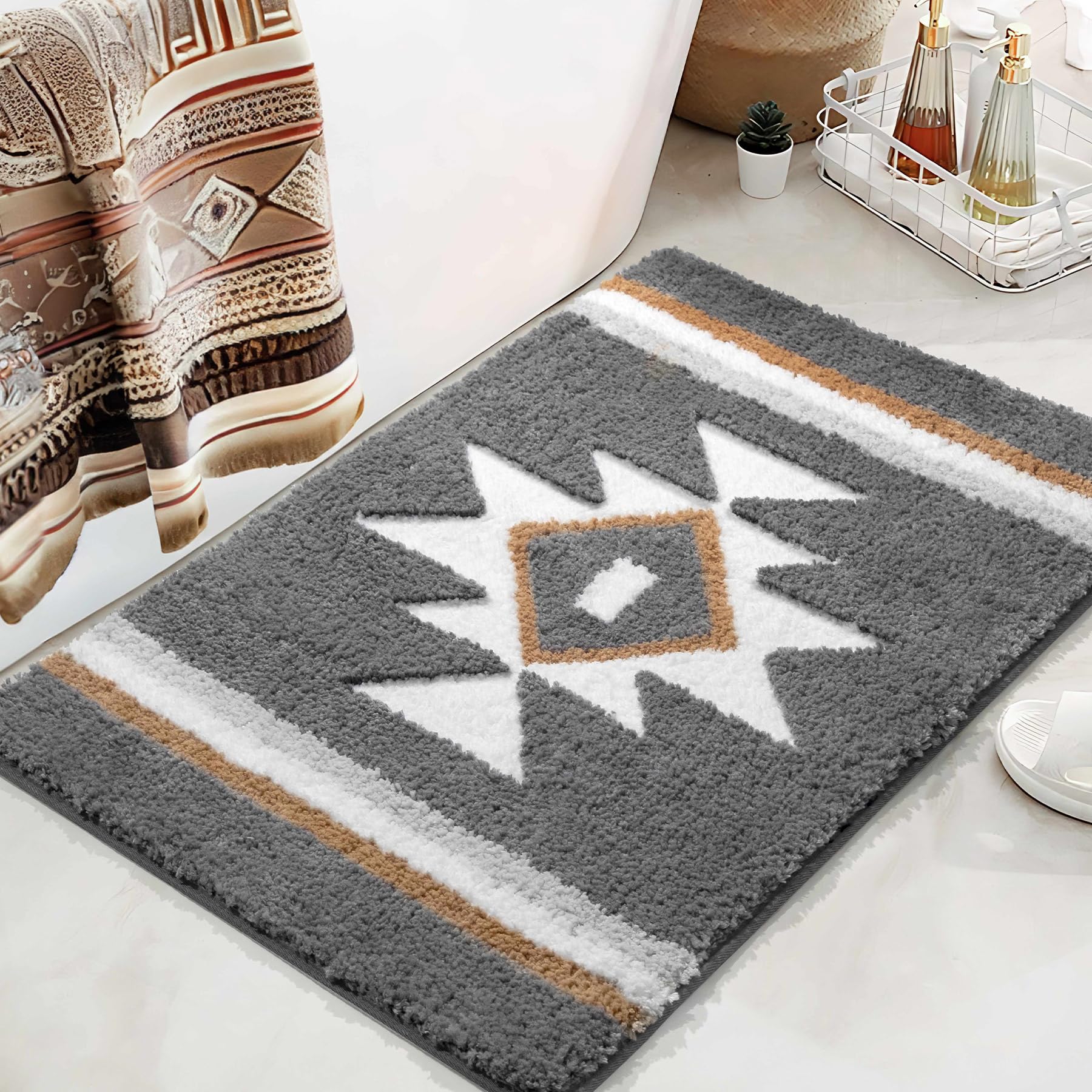 TANVILL Grey Bathroom Rugs Boho Bath Mat Non Slip, Soft Absorbent Bath Rug Microfiber Washable Floor Mat for Bathroom Shower Tub