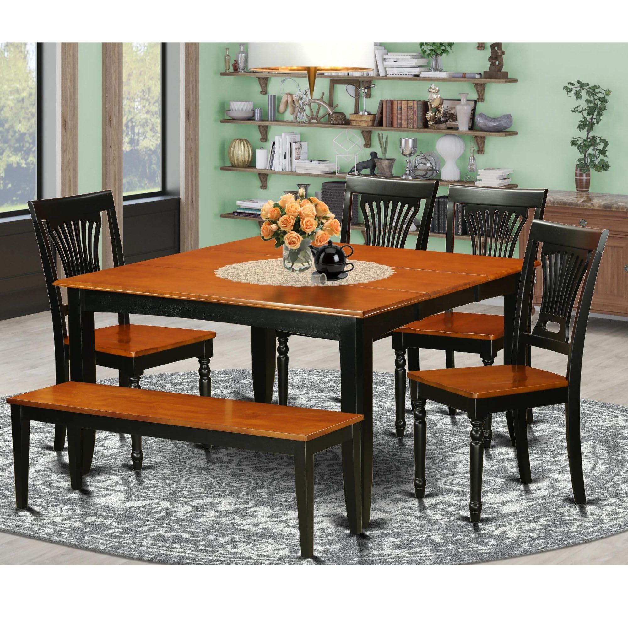 East West Furniture PFPL6-BCH-W 6 Piece Set Contains a Square Dining Room Table with Butterfly Leaf and 4 Kitchen Chairs with a Bench, 54x54 Inch