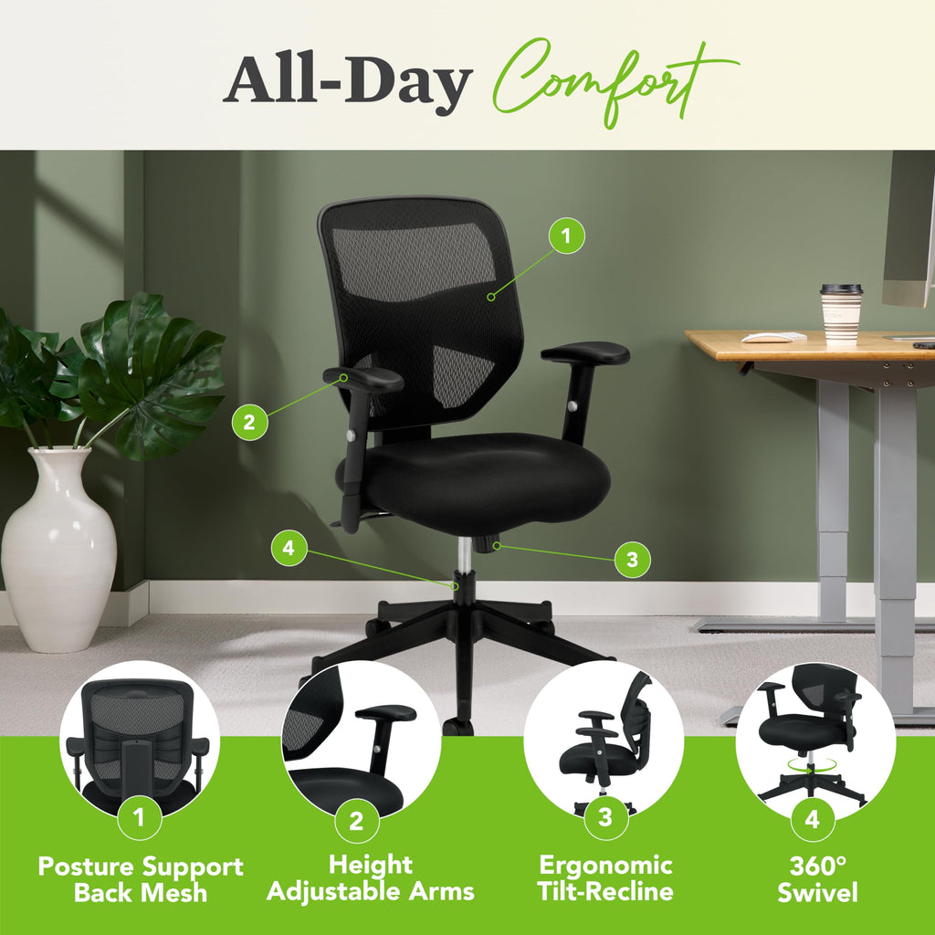 Wholesale Case Of 2 - Basyx High-Back Adjustable Arm Pneumatic Chair-Task Chair, Pneumatic, 29"X36"X42-1/2", Black Mesh