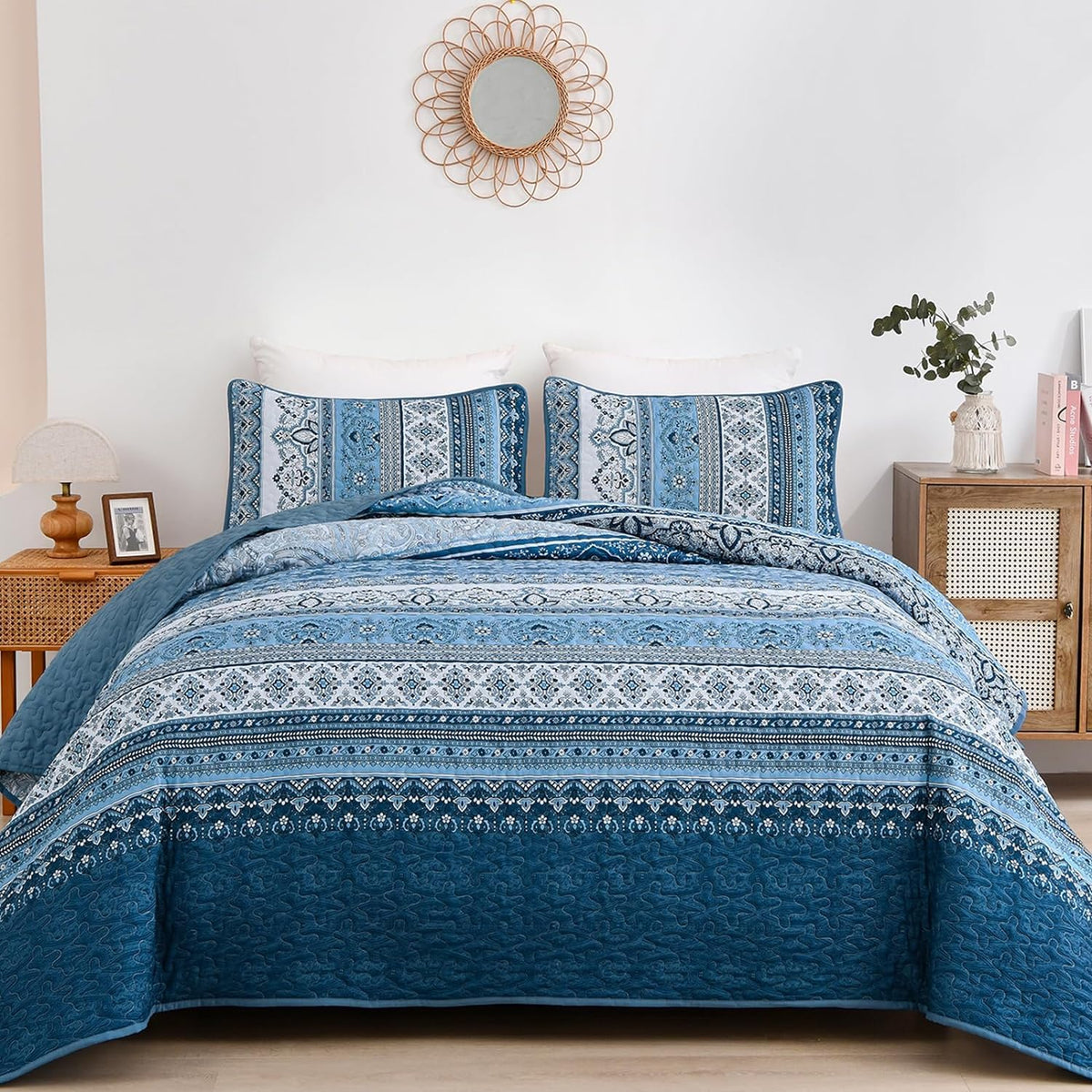 Wongs Bedding Blue Quilt Set Twin Size, Boho Stripe Printed Bedspread Set With Pillow Shams, Bohemian Lightweight Microfiber All