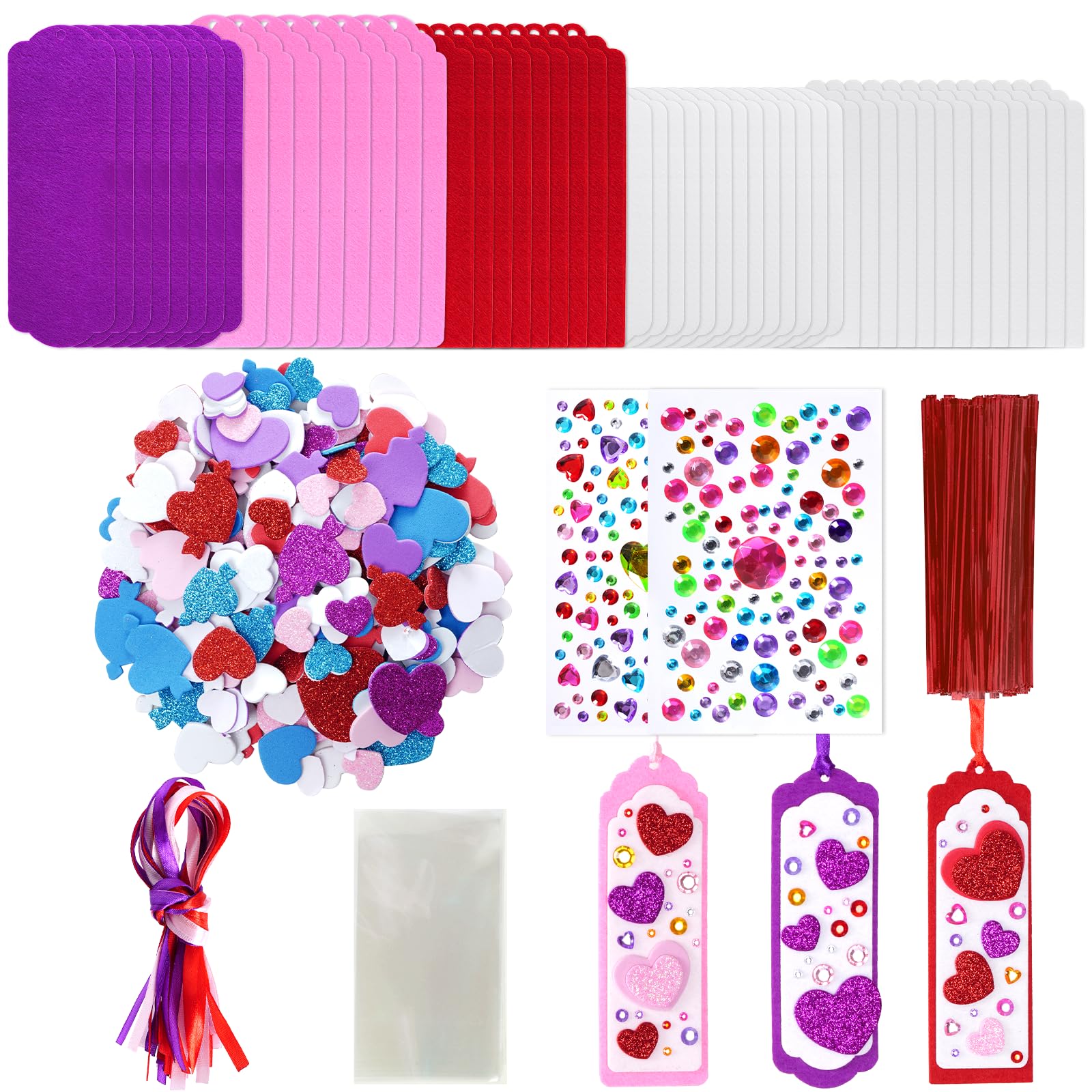 Yymobt 48 Set Valentines Bookmark Craft Kits Diy Blank Bookmarks Heart Shaped Stickers Satin Cord Red Pink Purple Diy Valentines
