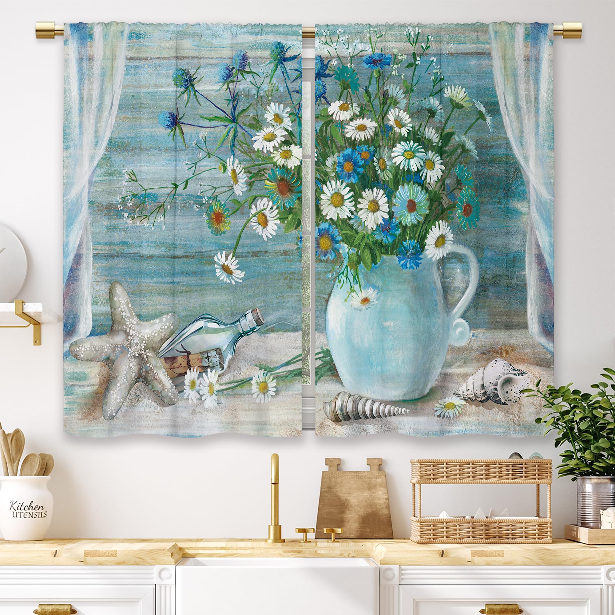 Laifzere Blue Daisy Flower Kitchen Curtains Floral Beach Coastal Small Short Cafe Window Curtains Vase Starfish Rod Pocket Bathr