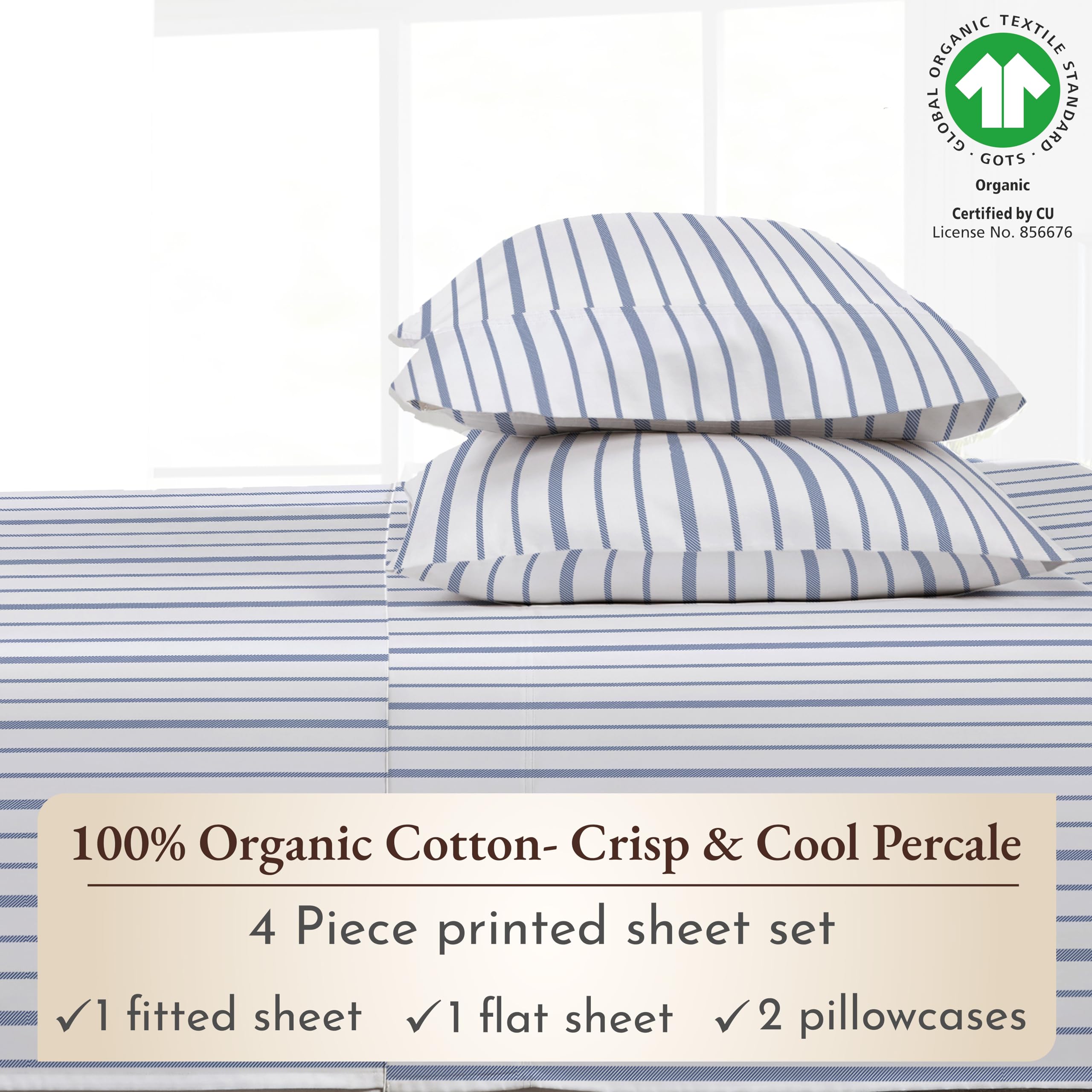 California Design Den Stripe Sheets Queen, 100% Organic Cotton Percale Sheets, Deep Pocket Queen Sheets & Pillowcase Set - Blue Stripe