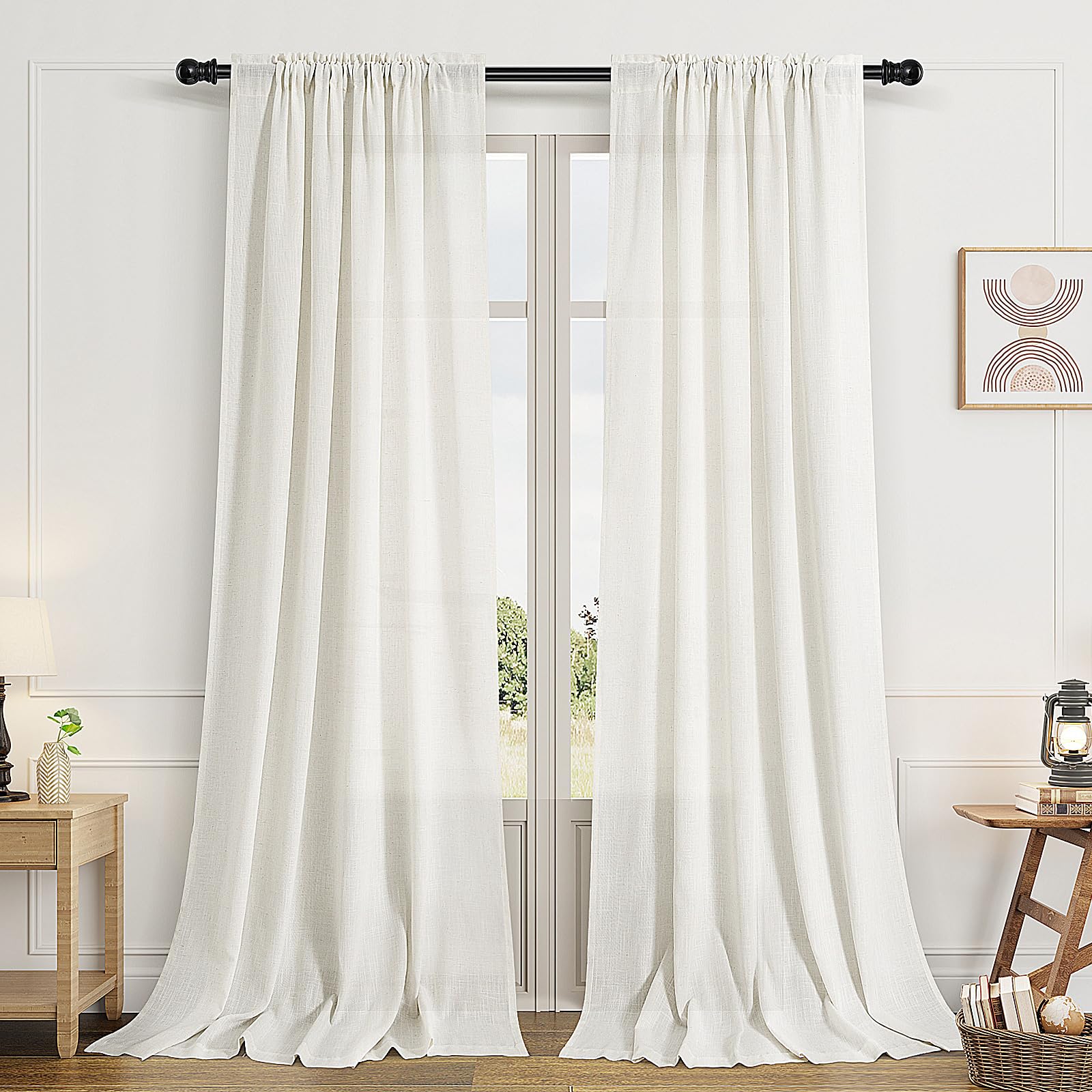 Guken Natural Linen Curtains 84 Inch Length For Living Room Bedroom 2 Panels Set Rod Pocket Light Filtering Semi Sheer Window Cu