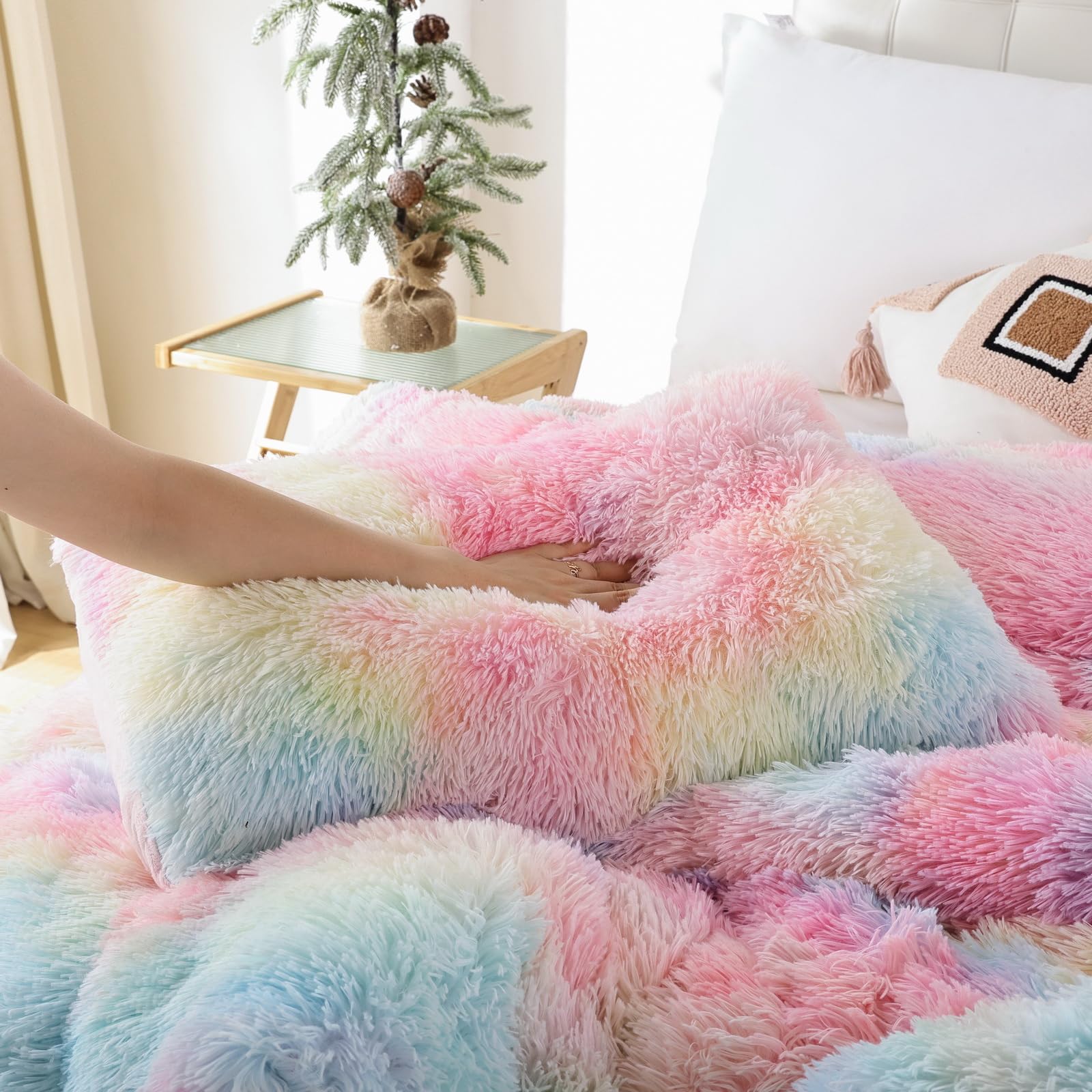 Smoofy Faux Fur Rainbow Comforter Set Queen Size 3Pcs Tie Dye Colorful Fluffy Fuzzy Plush Comforter Set Cute Soft Shaggy Velvet