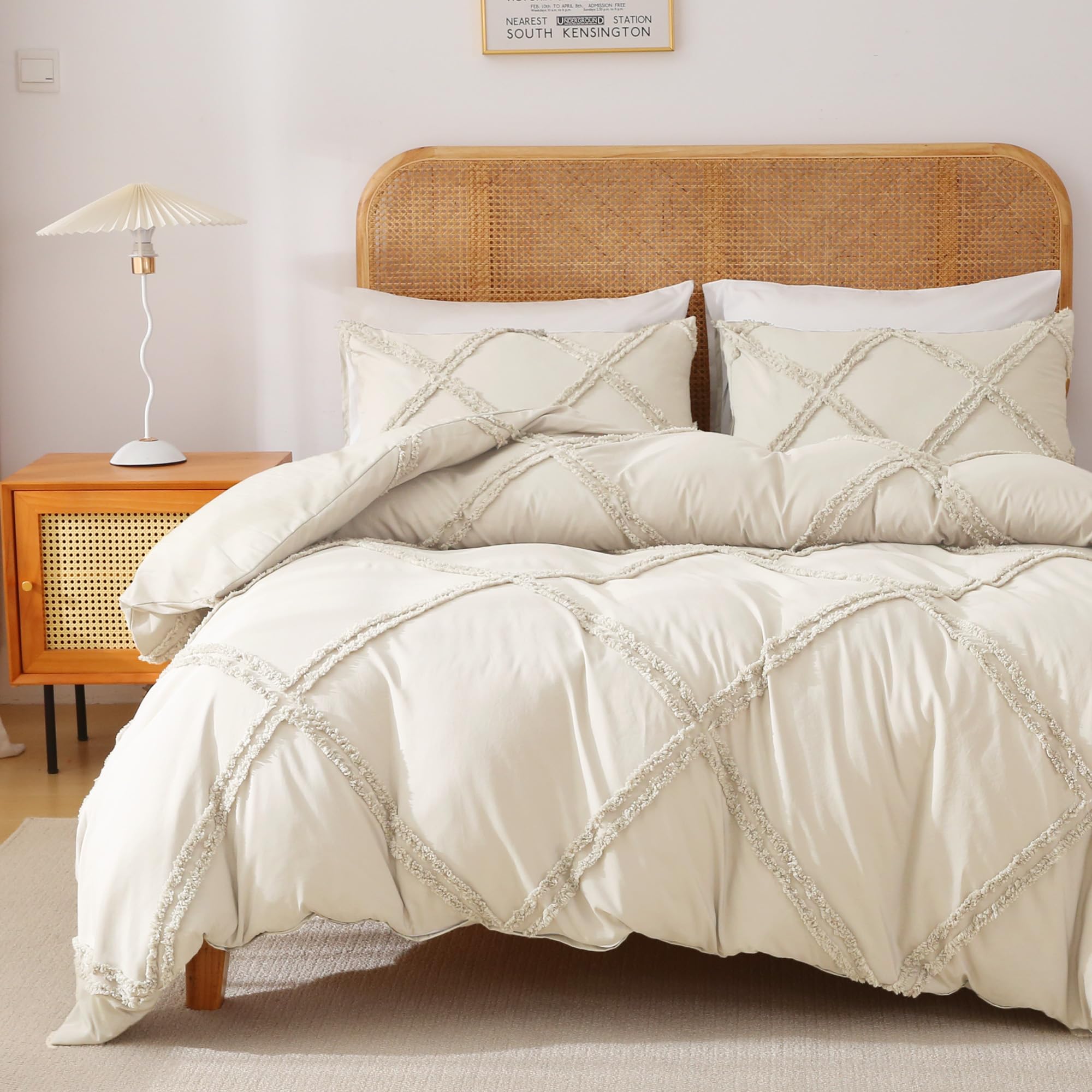 Mildly Boho Duvet Cover Beige - Tufted Comforter Cover Set Geometric Textured Jacquard Queen Size Bedding Set With Corner Ties &