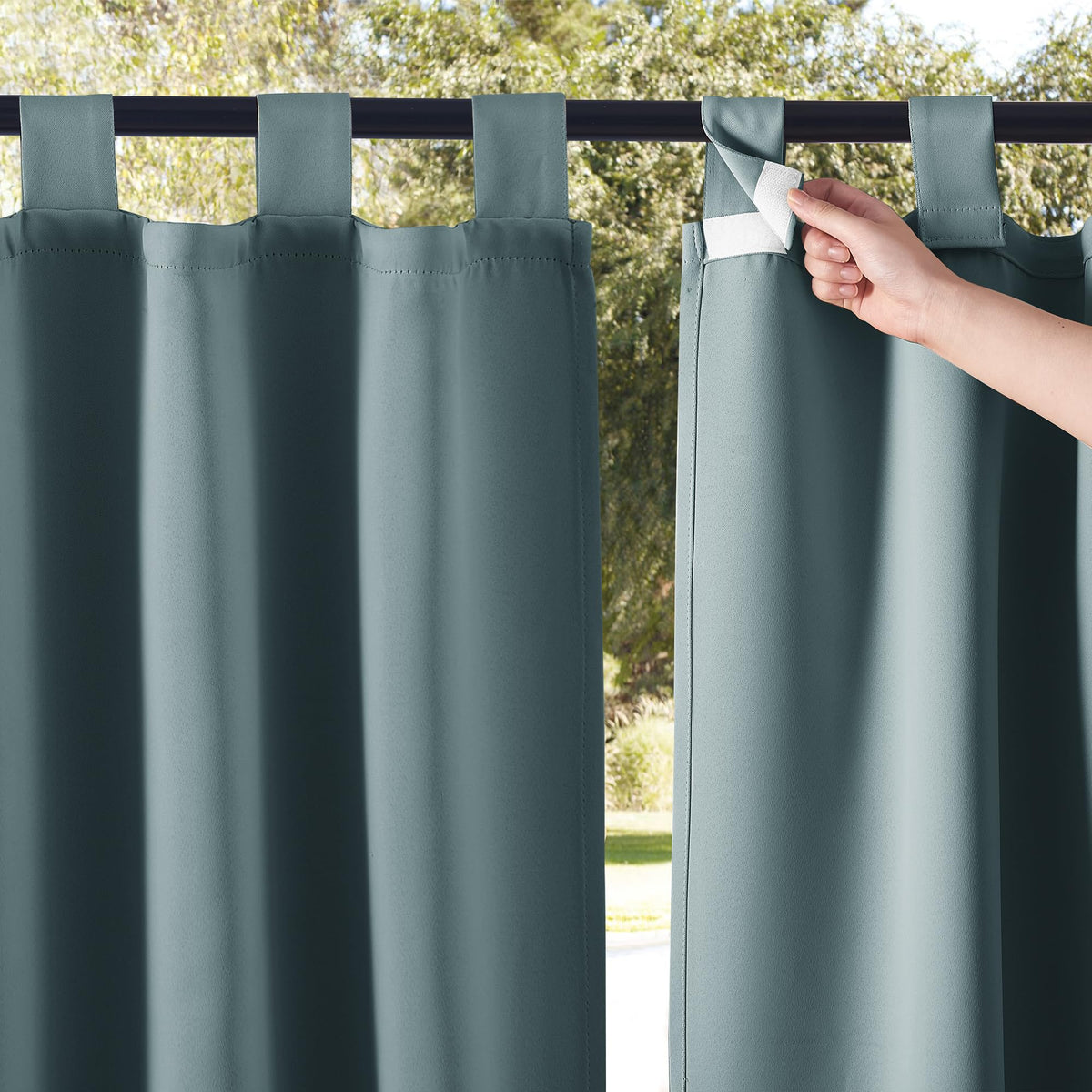 Nicetown 2 Panels Greyish Blue Porch Curtains Outdoor Waterproof For Patio, Self-Stick Tab Top Blackout Heat & Cold Block Indoor