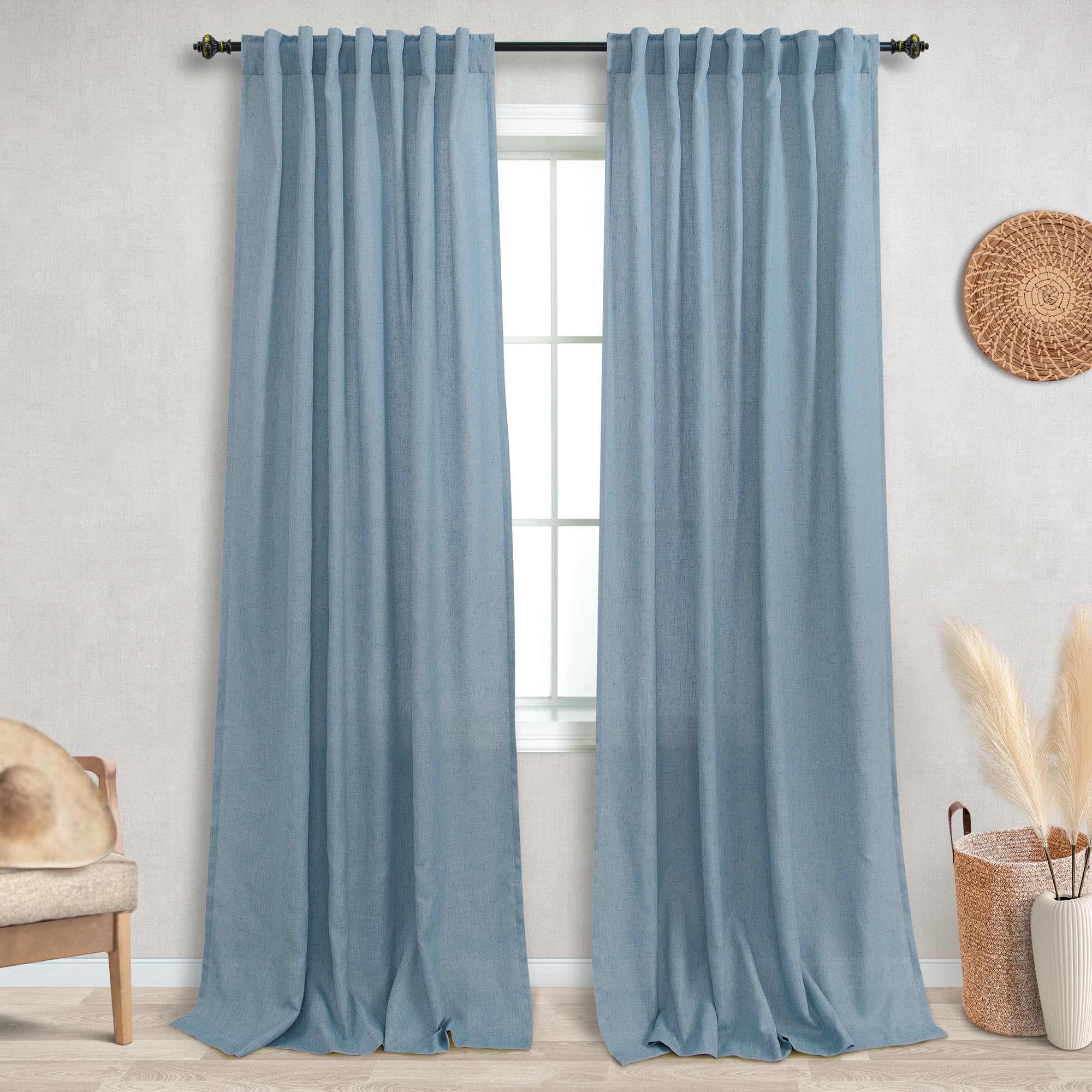 Koufall Stone Blue Back Tab Rod Pocket Linen Sheer Curtains For Living Room 52X90 Inches Long