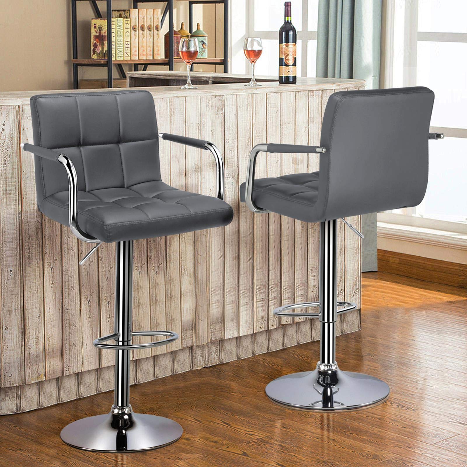 Yaheetech Bar Stools, Adjustable Pu Leather Swivel Barstools, Modern Counter Stools With Back And Footrest, Counter Height Barstools For Bar, Kitchen, Dining Room, Set Of 2, Grey