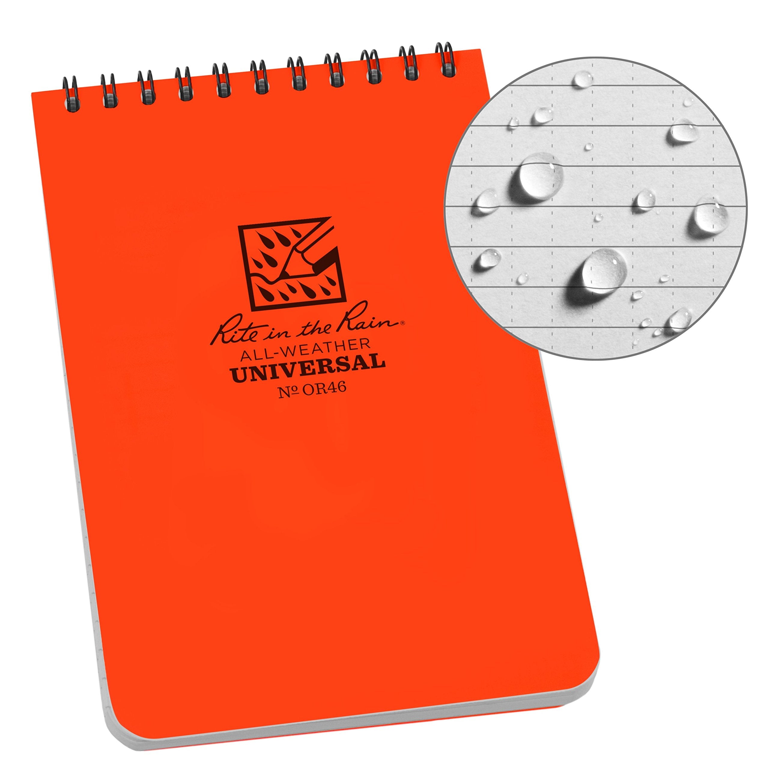 Rite In The Rain Or46 Weatherproof Top Spiral Notebook, 4' X 6' Orange Cover, Universal Pattern