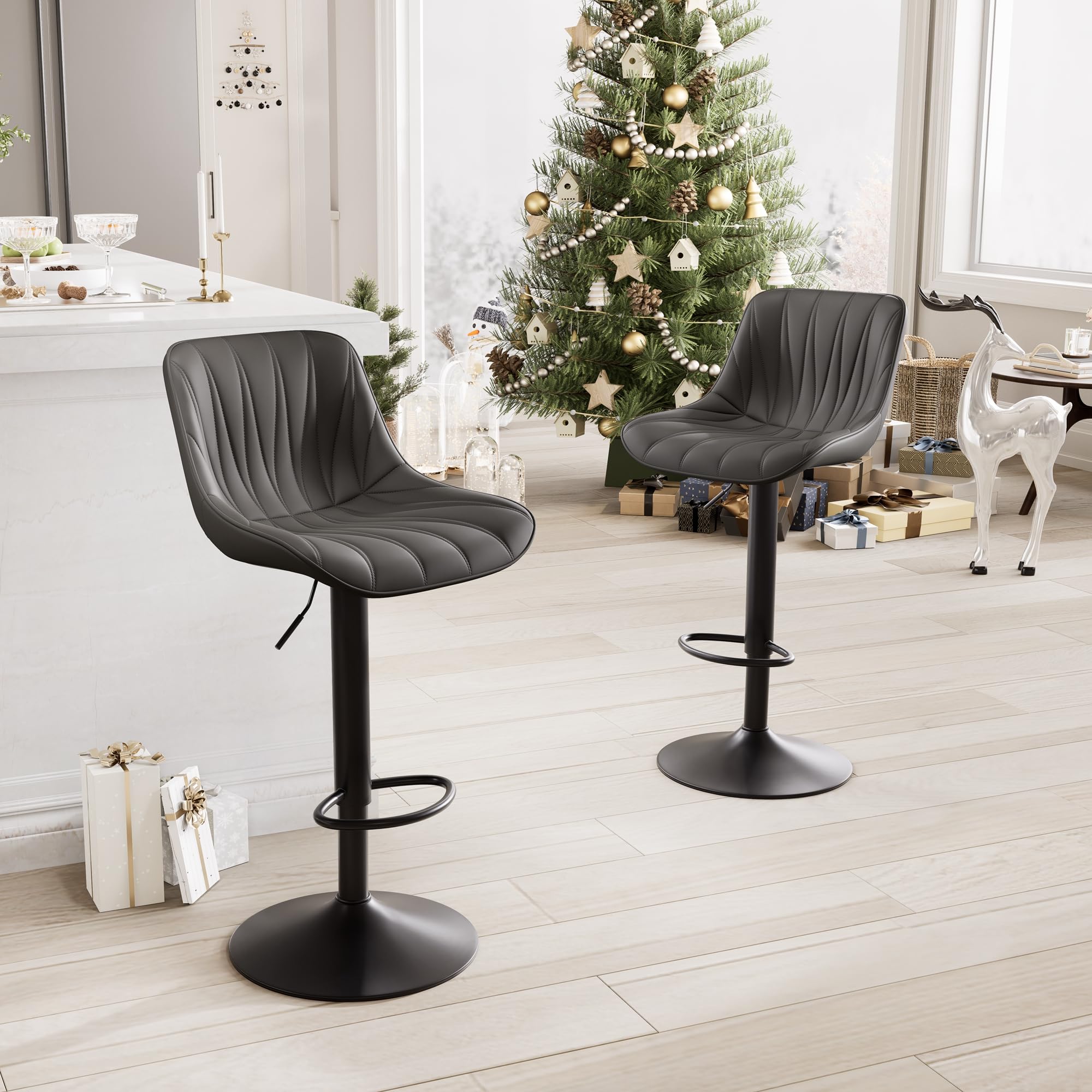 YOUNIKE Bar Stools Set of 2 for Kitchen Island, Black Swivel Tall Bar Stools, Adjustable Barstools with Back, Faux Leather Padde