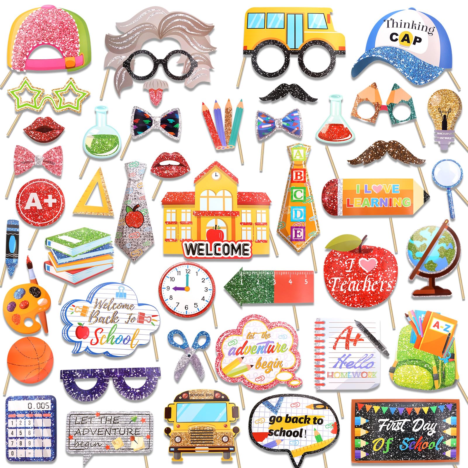 HOWAF Back to School Photo Booth Props, 45 Pieces First Day of School Glitter Party Decorations Welcome Back to School Classroom