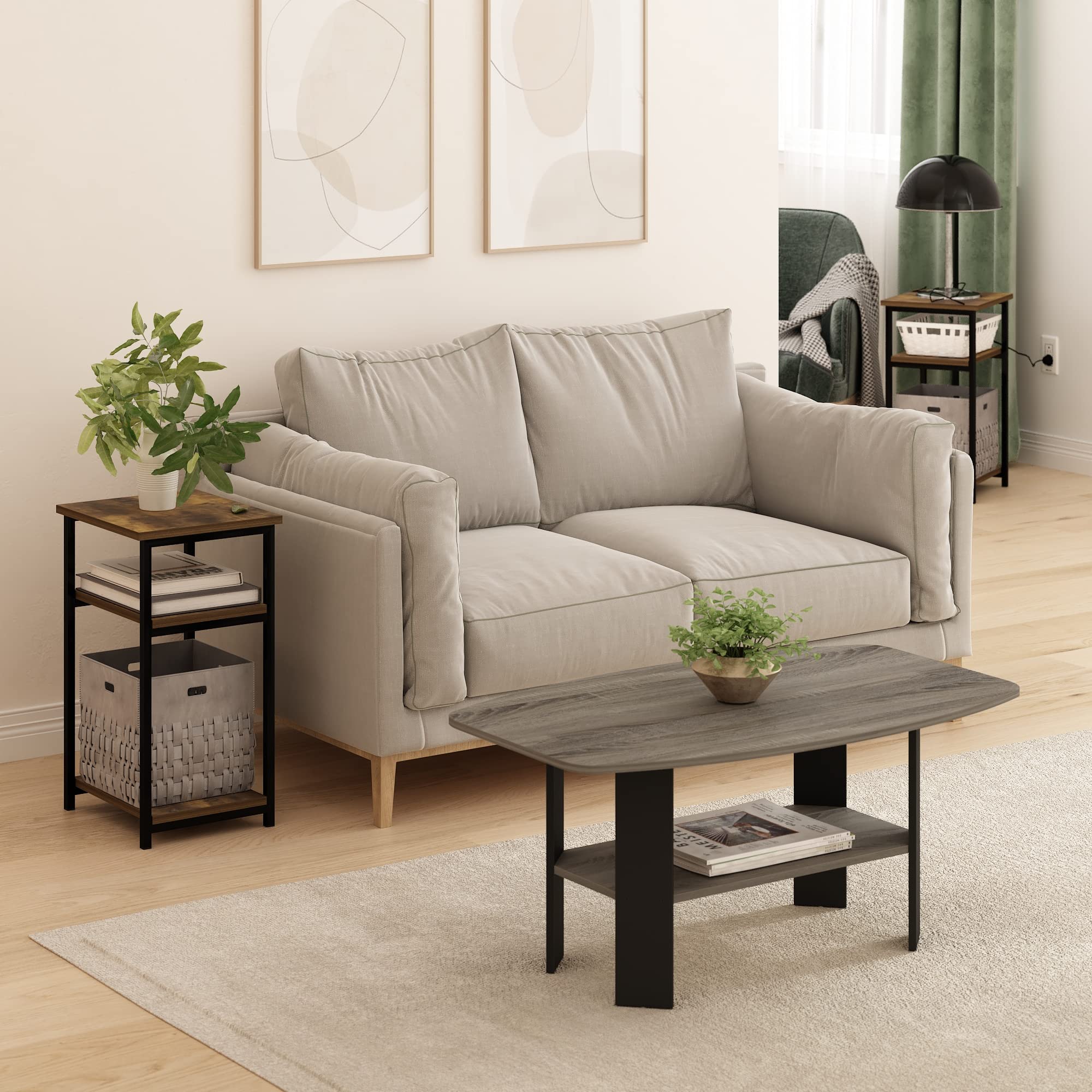 Furinno Just 3-Tier Metal Frame End Table with Storage Shelves, 2-Pack, Amber Pine